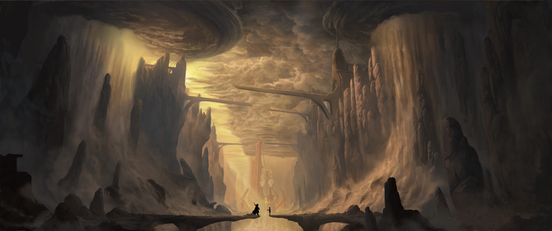 Fantasy landscape with bridges and figures HD Wallpaper