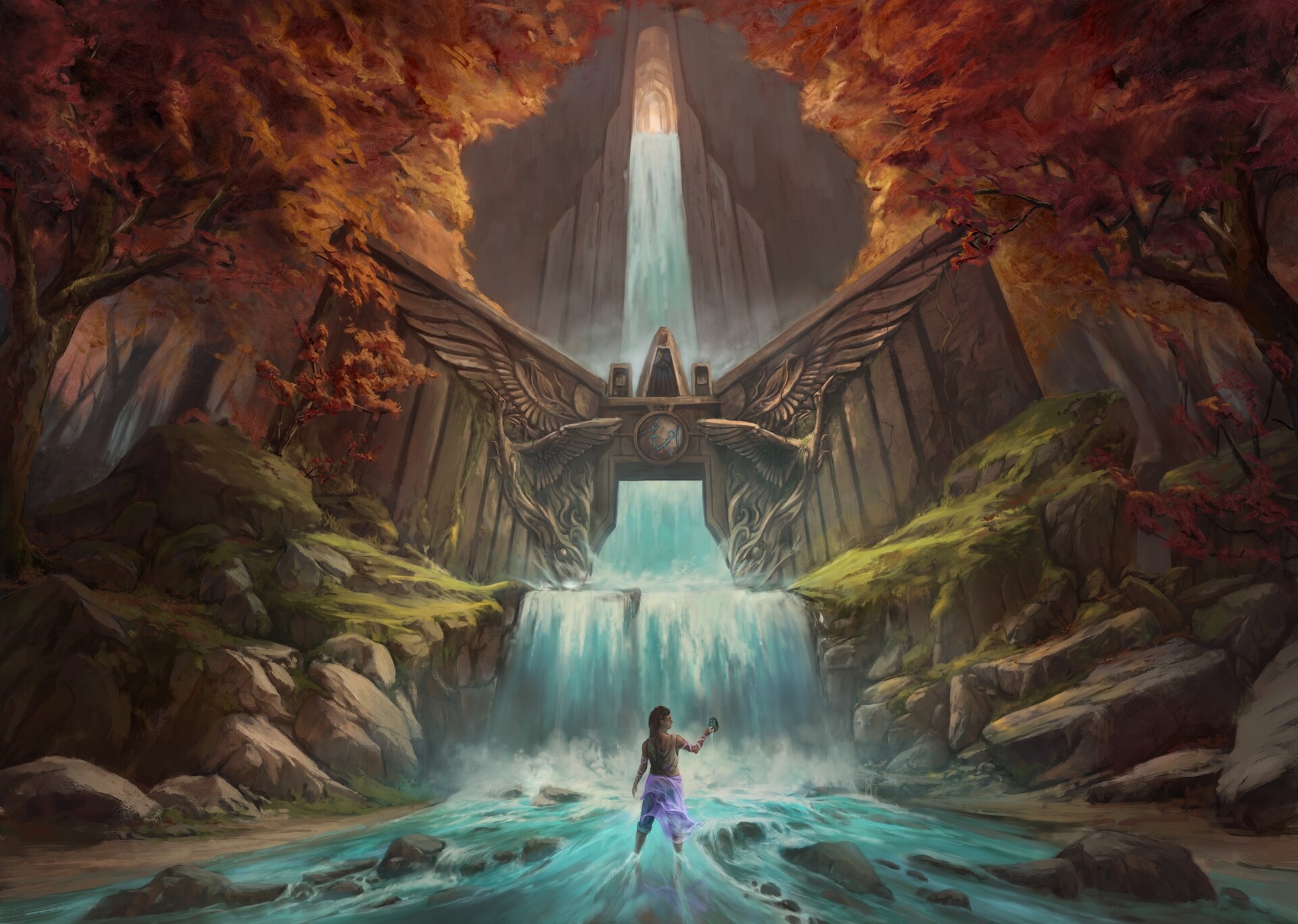 Fantasy waterfall temple with a person in the foreground HD Wallpaper