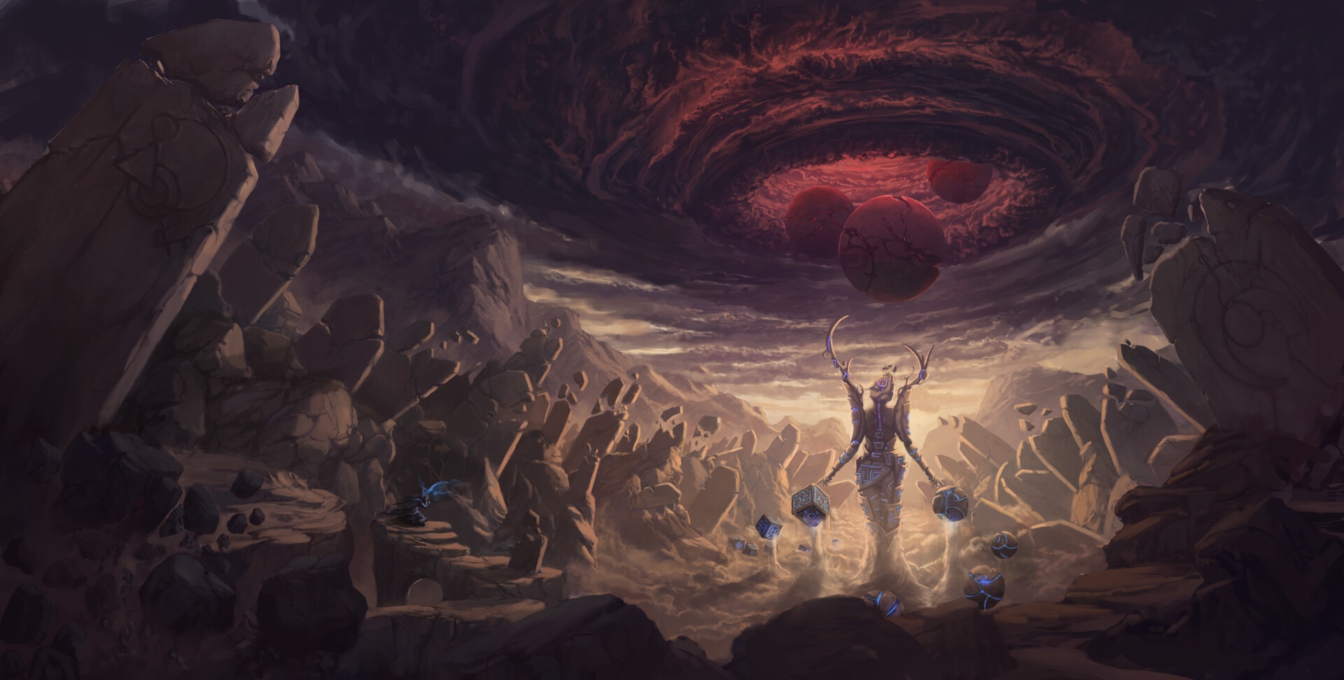 Surreal apocalyptic landscape with a central figure and floating orbs HD Wallpaper