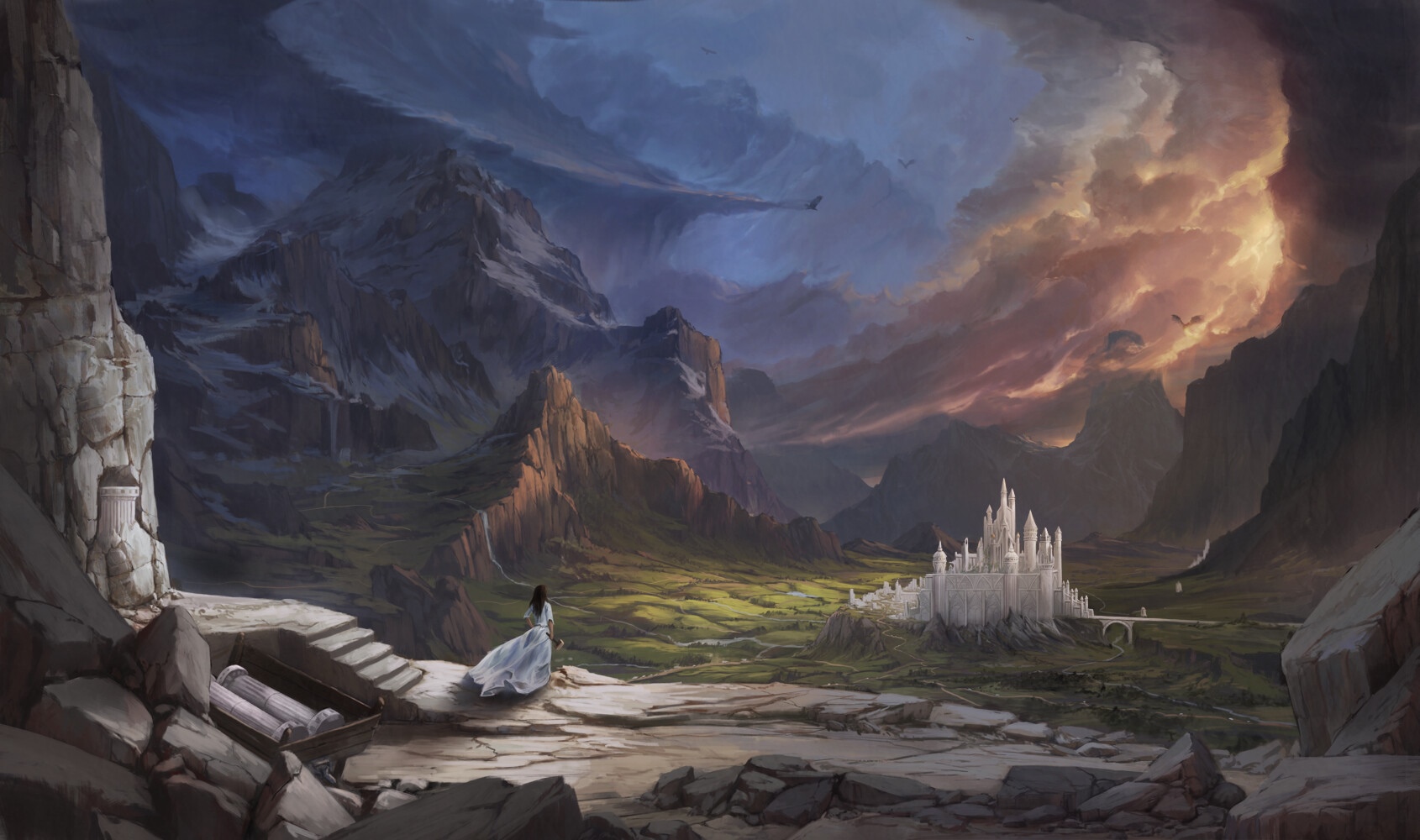 Fantasy castle and woman in white dress by Tristan Delgado HD Wallpaper