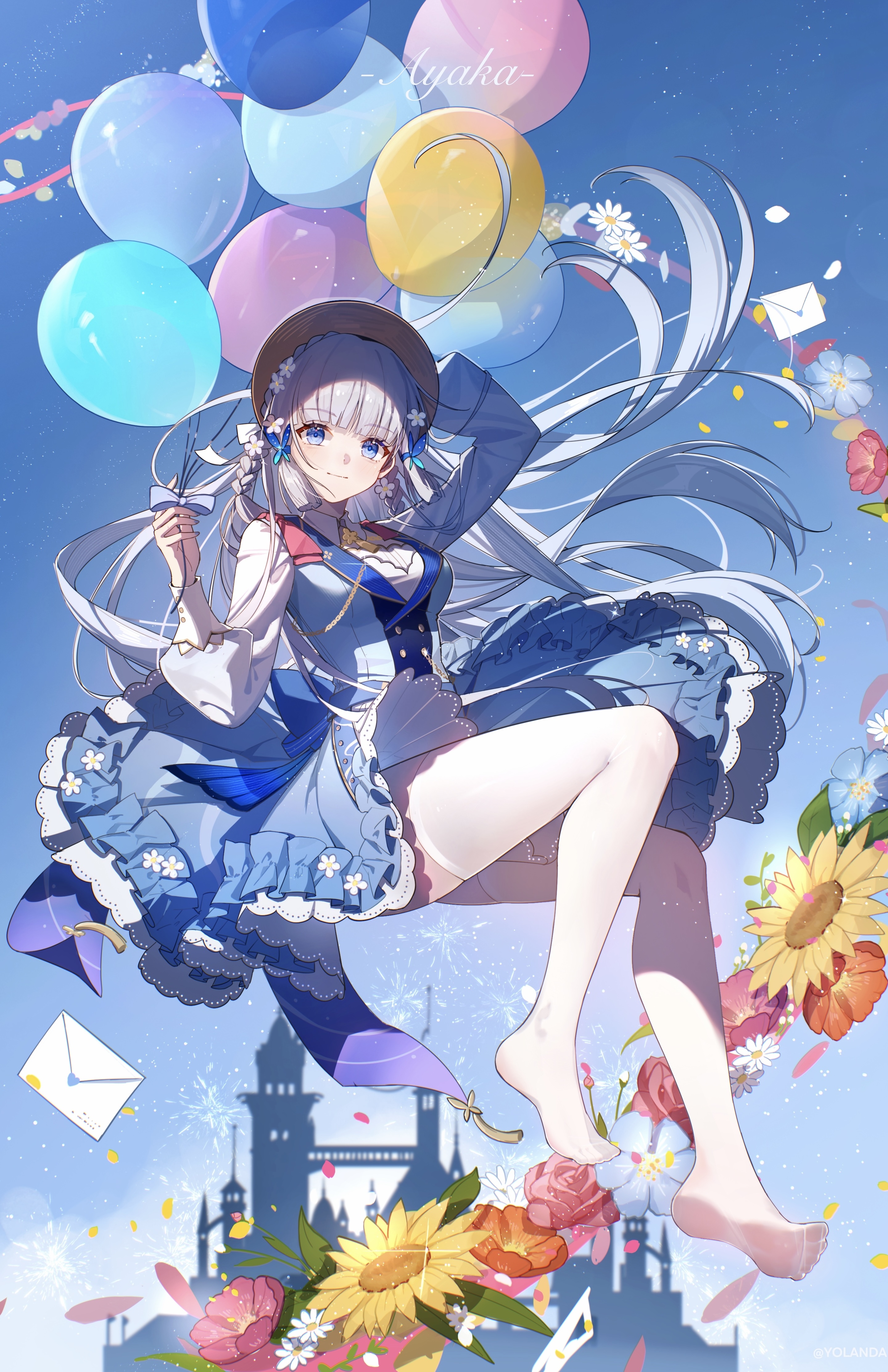 Kamisato Ayaka with Balloons and Flowers HD Phone Wallpaper