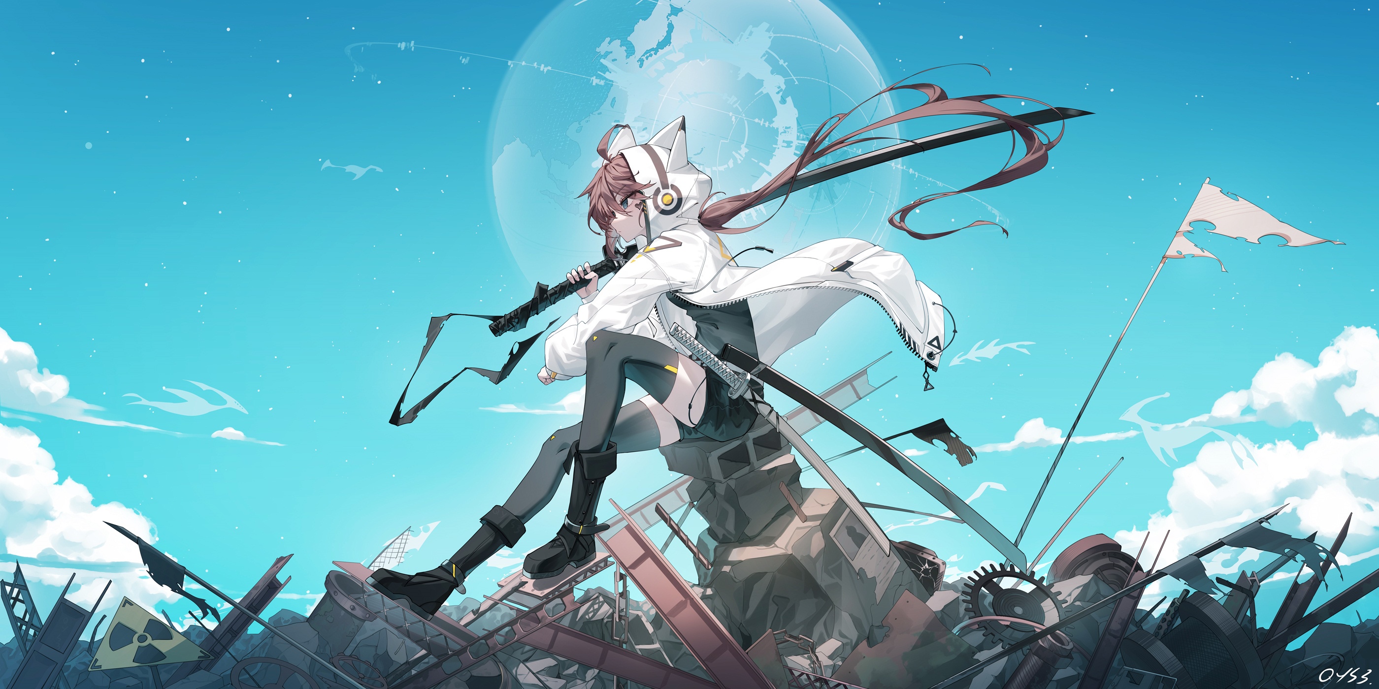 Bai Yemeng with Katana in Apocalyptic Landscape HD Wallpaper