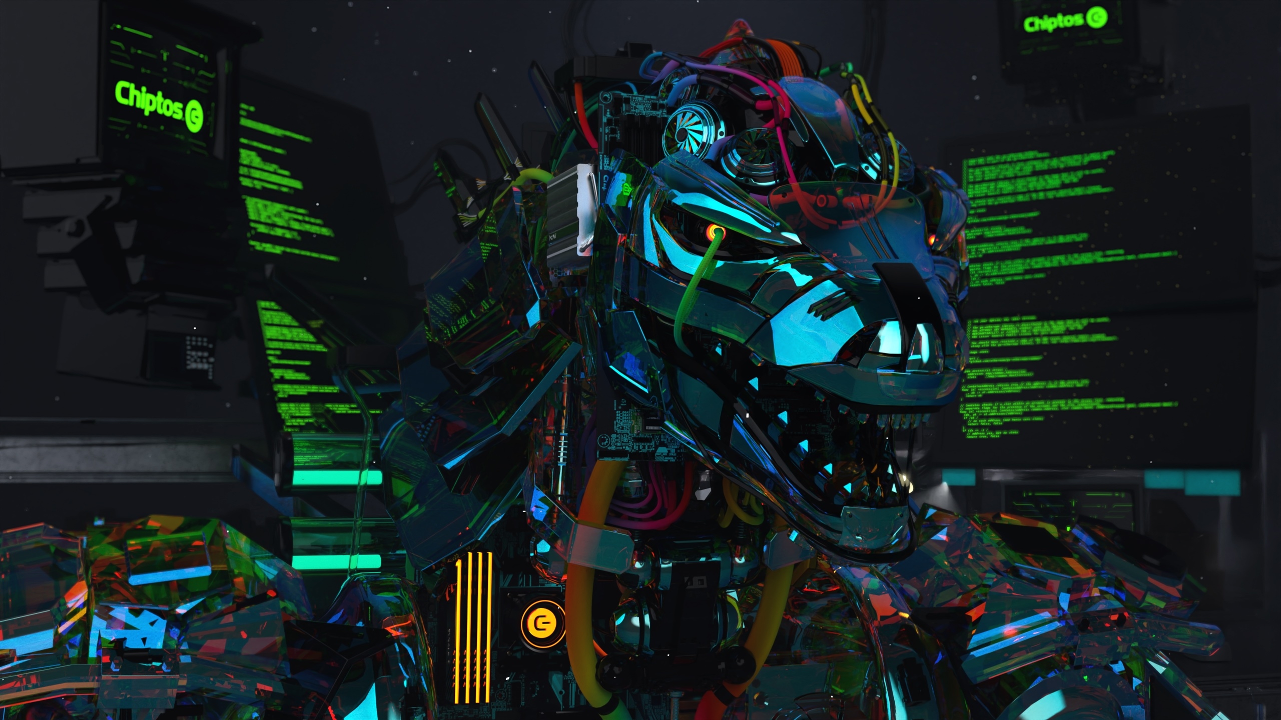 Mecha Godzilla with computer monitors and wires HD Wallpaper