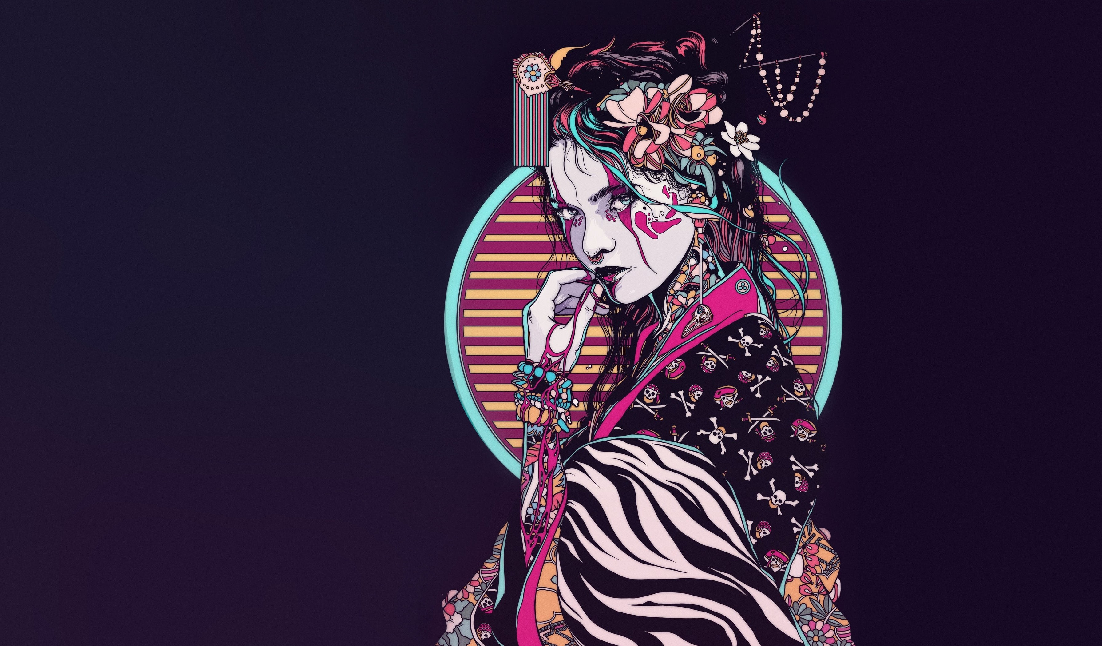 Digital art of a geisha with flowers in her hair HD Wallpaper
