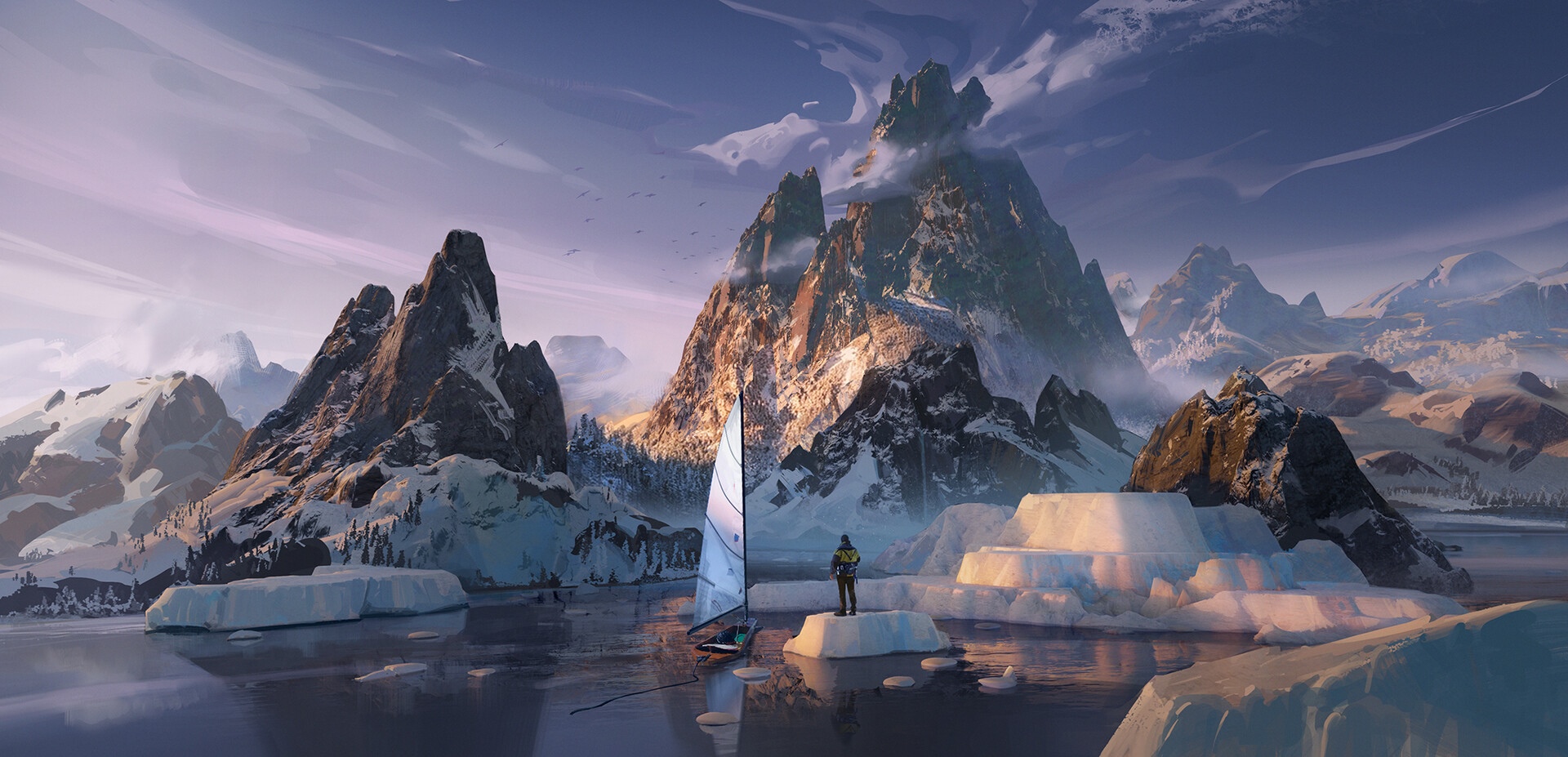 Sailboat on icy water with snowy mountains HD Wallpaper