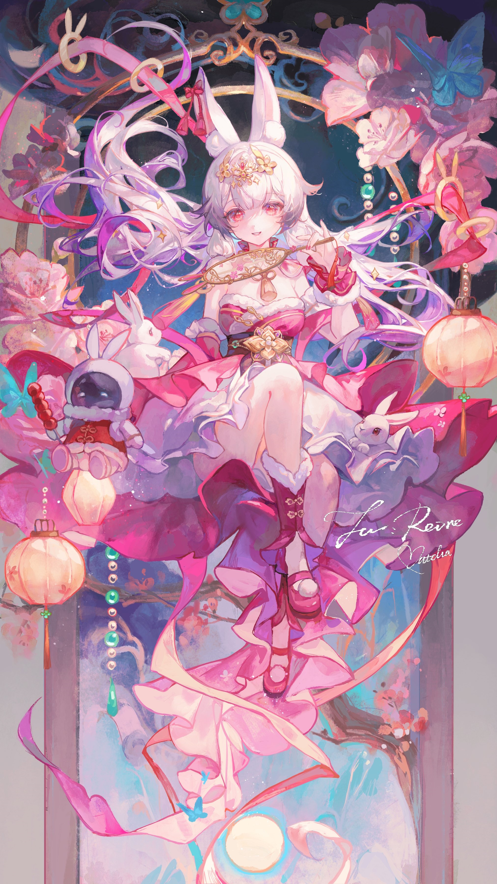 Anime girl with bunny ears and rabbits, Chinese theme HD Phone Wallpaper