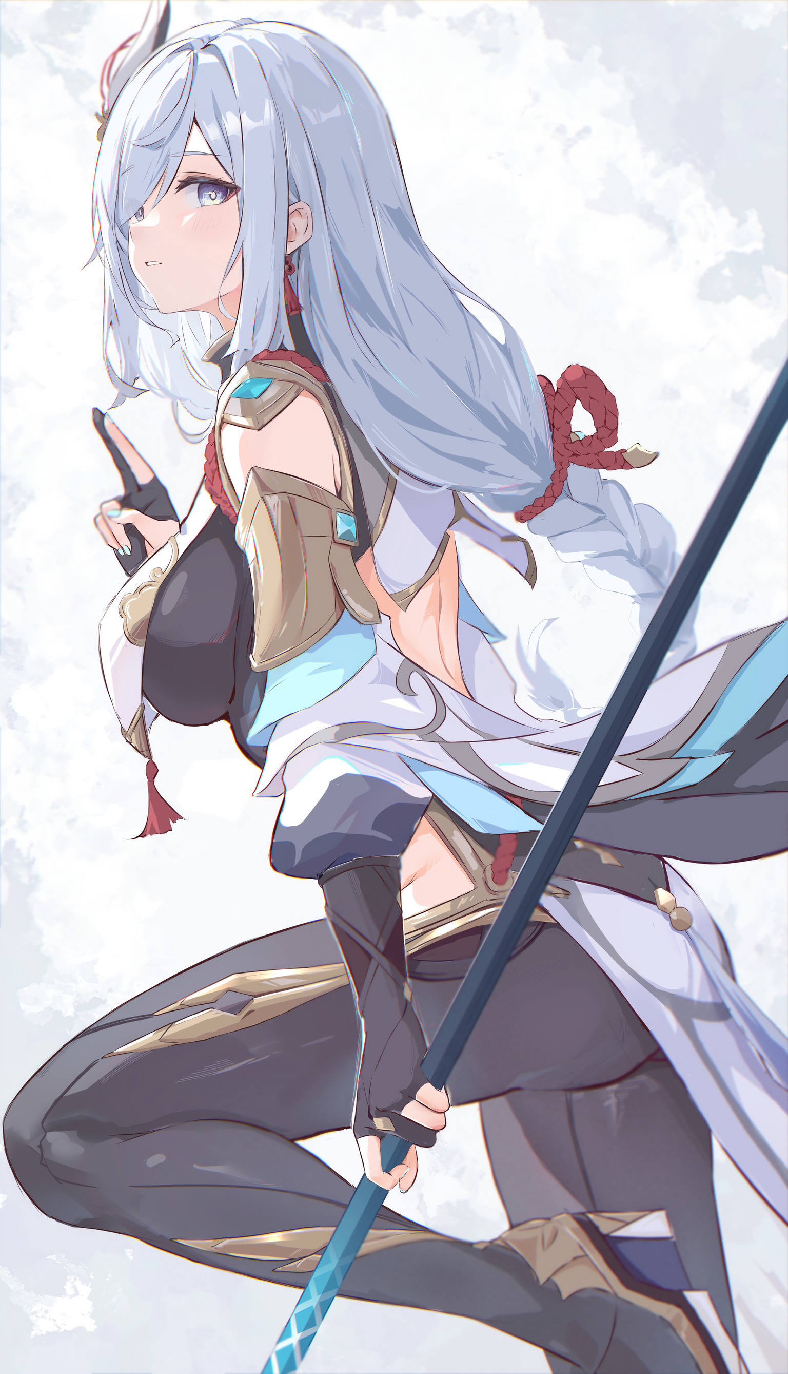 Shenhe from Genshin Impact holding a polearm HD Phone Wallpaper