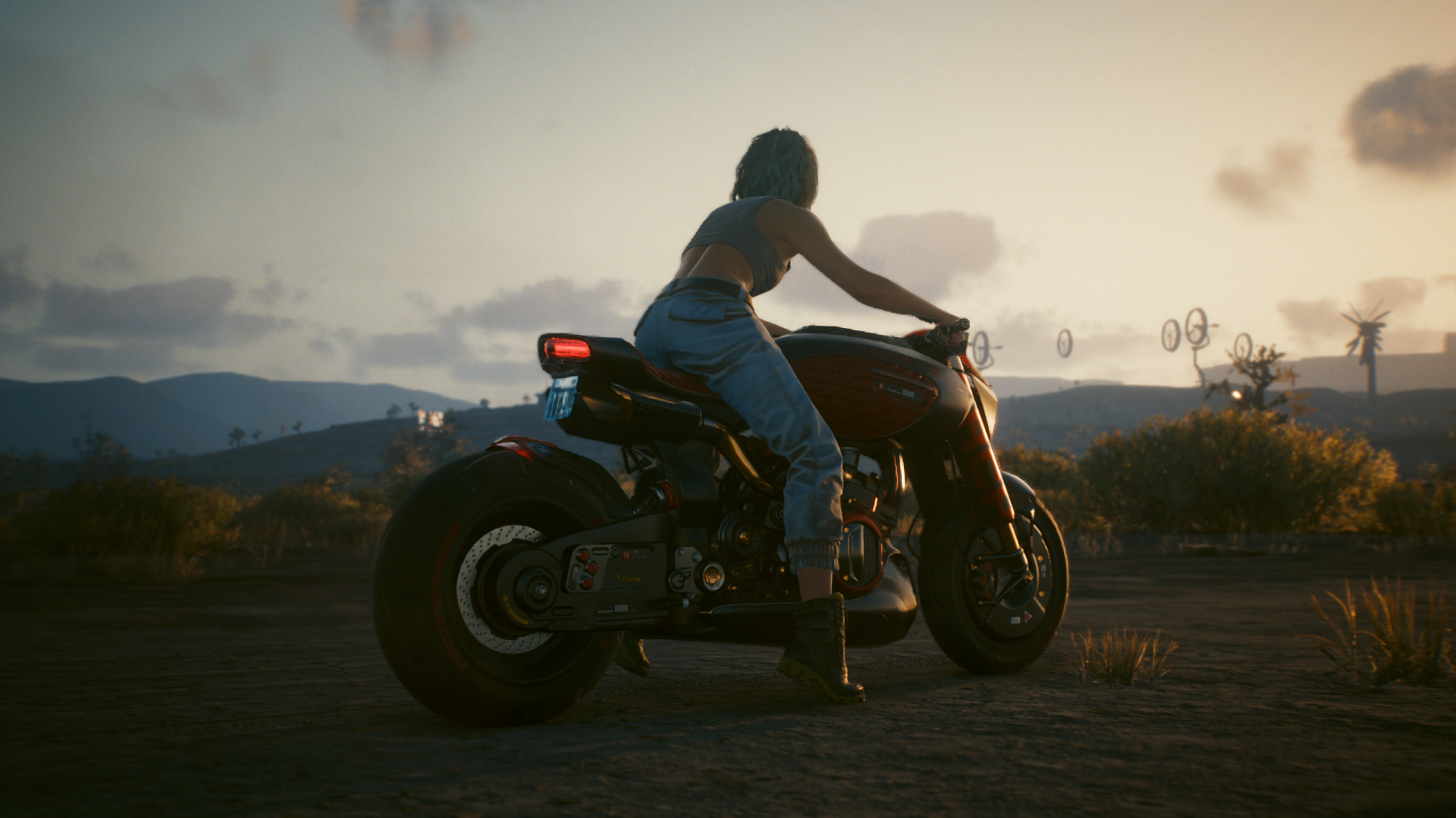 Cyberpunk 2077 motorcycle in a desert landscape HD Wallpaper