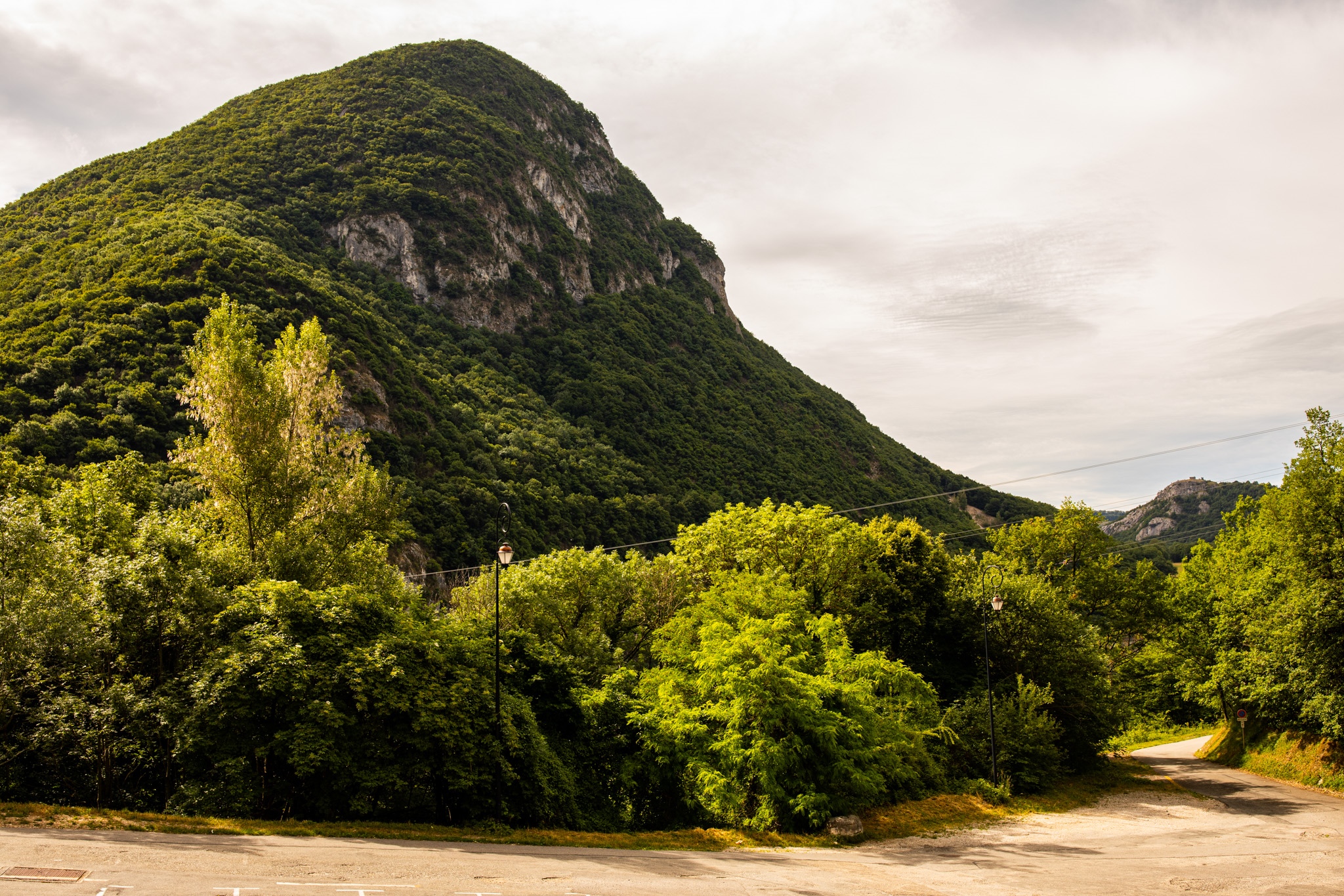 Green mountain with trees and a road HD Wallpaper