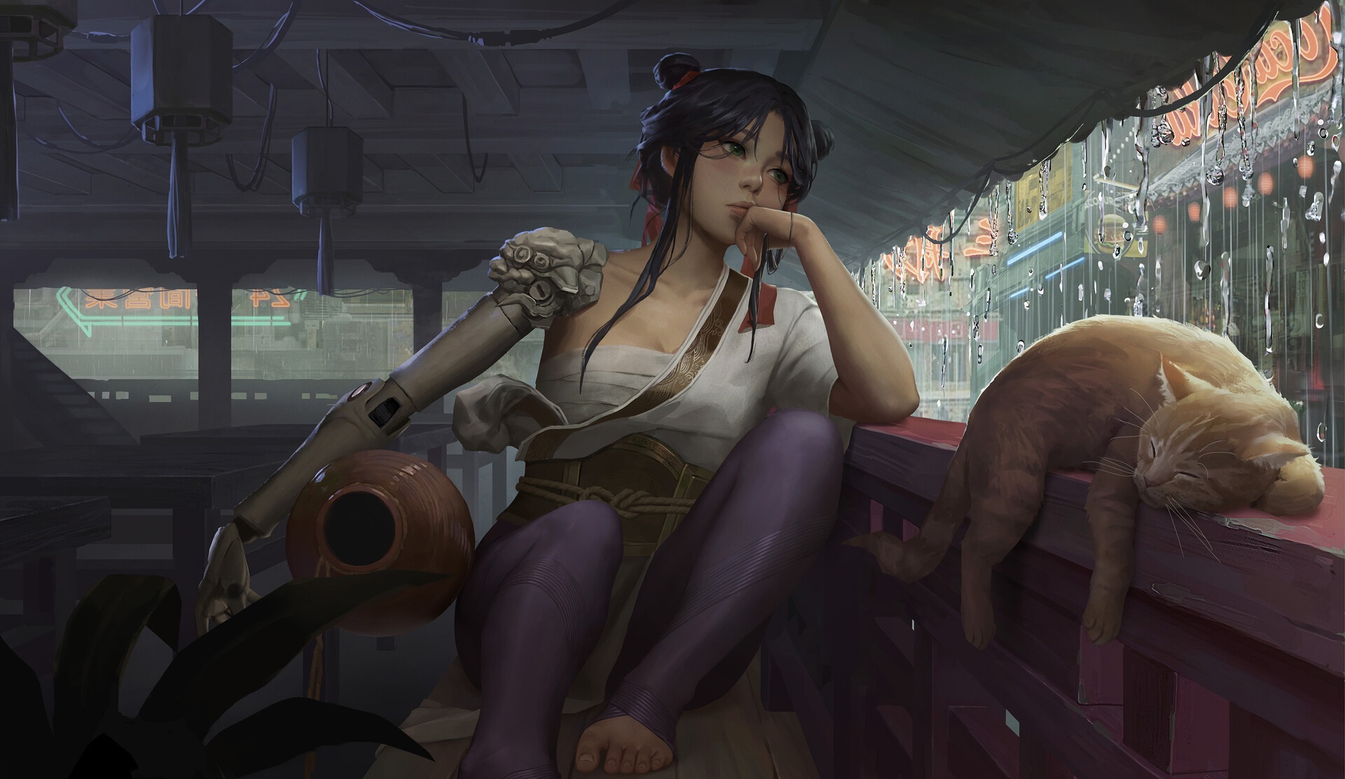 Fantasy girl with prosthetic arm and cat in the rain HD Wallpaper