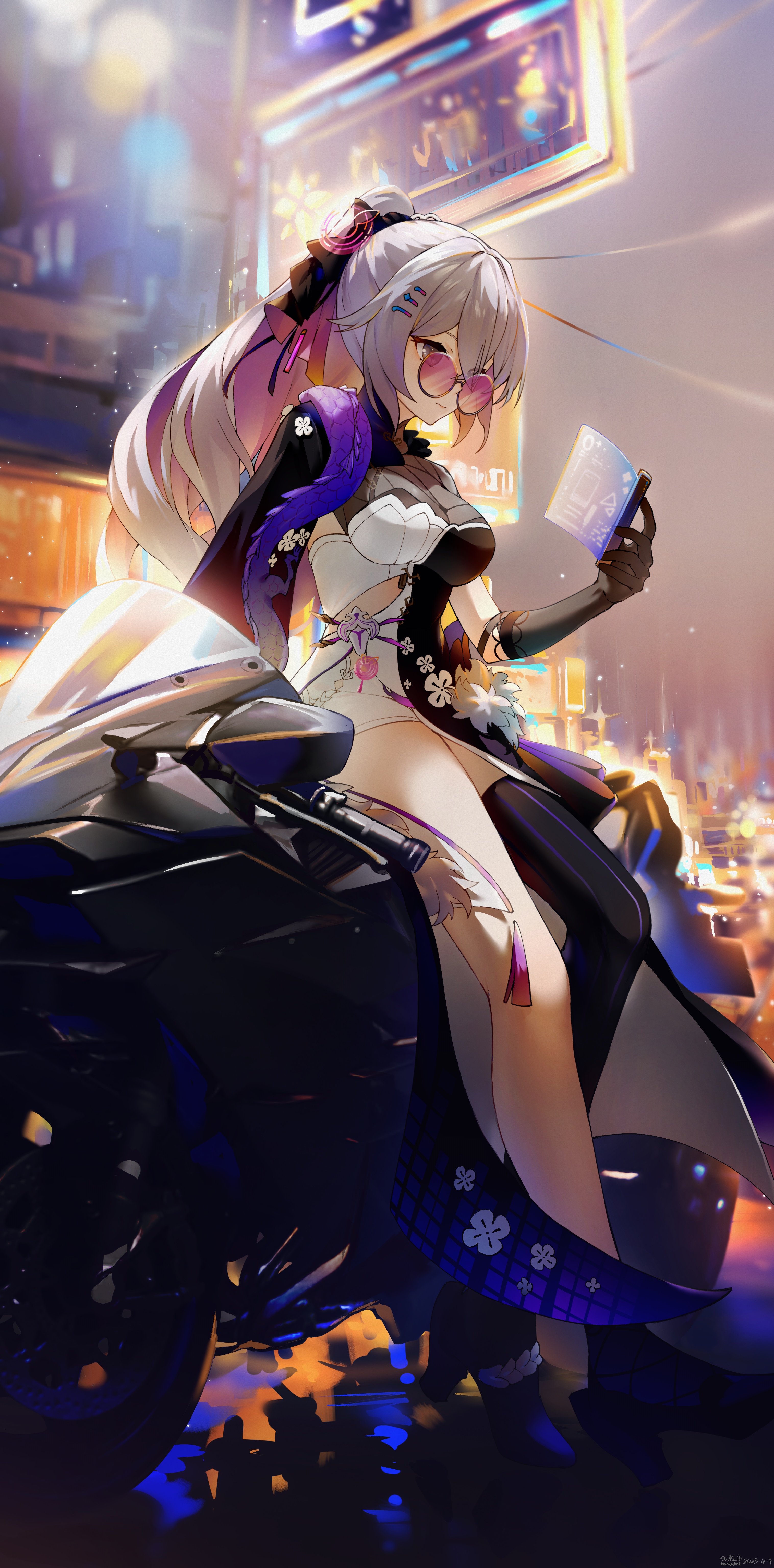 Anime girl with ponytail on a motorcycle HD Phone Wallpaper