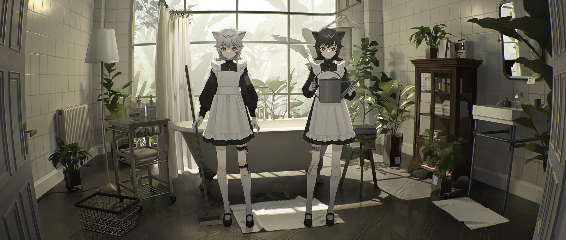 Two cat girls in maid outfits in a bathroom HD Wallpaper