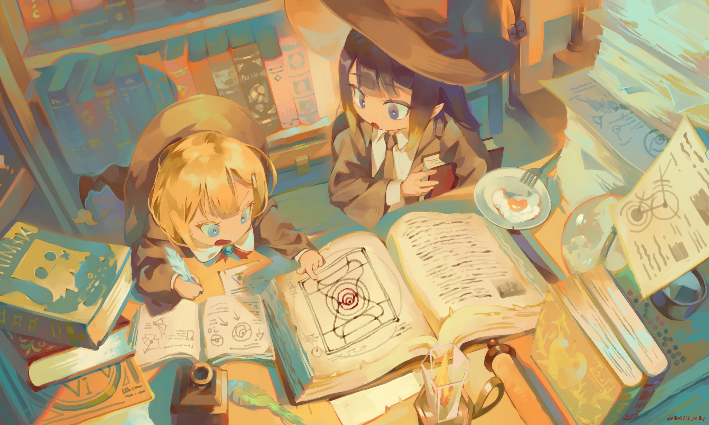 Two young witches studying in a library HD Wallpaper