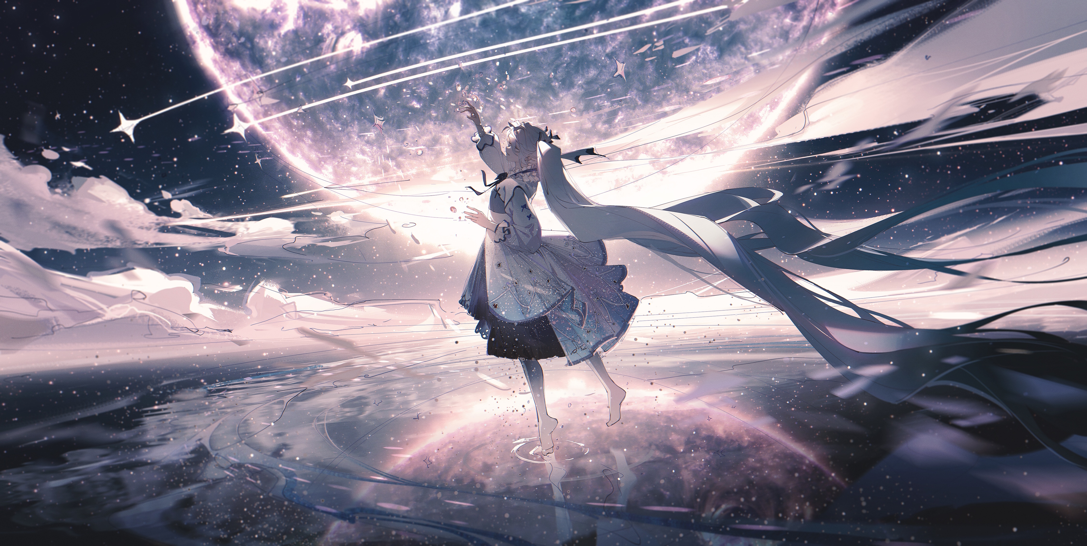 Ying Yi barefoot under a starry night sky HD Wallpaper