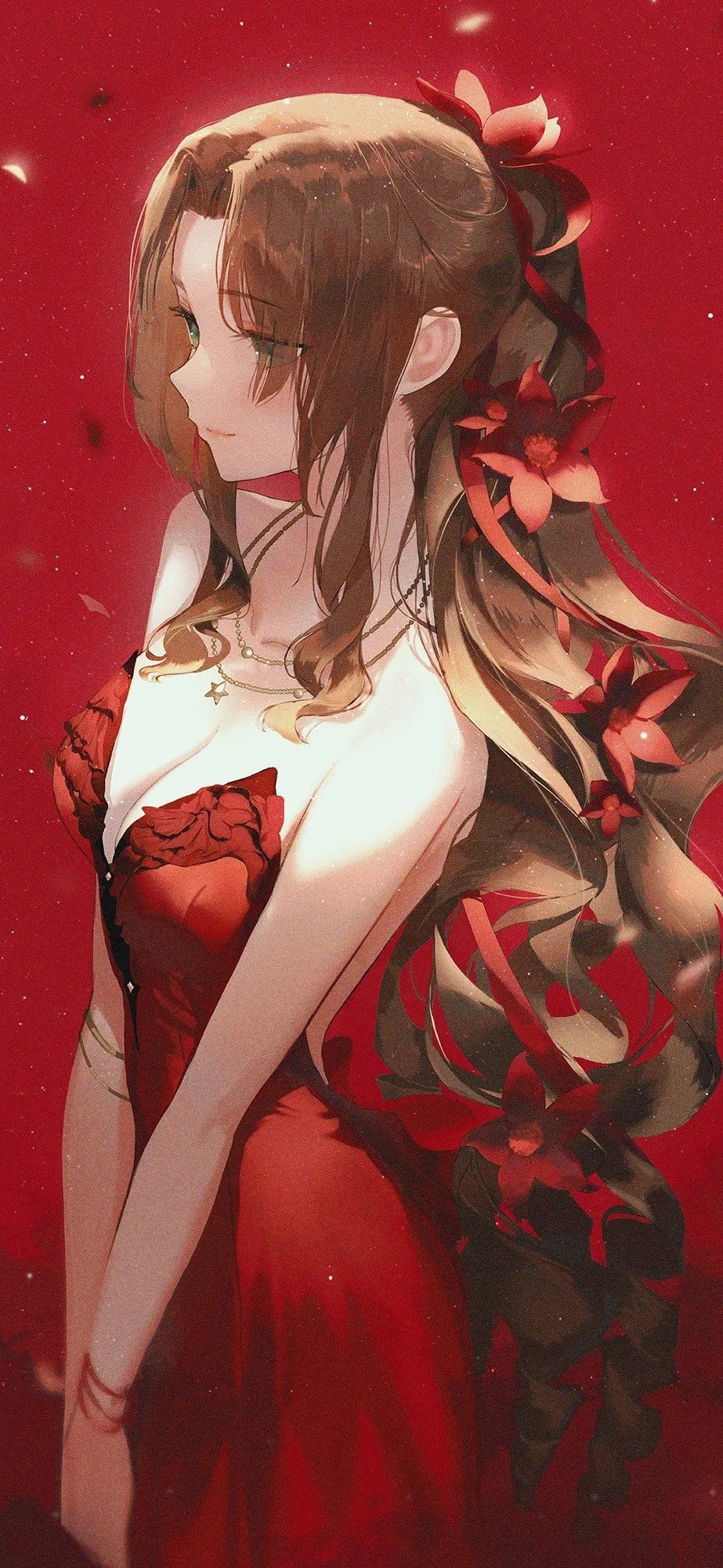 Aerith Gainsborough in a red dress with flowers HD Phone Wallpaper