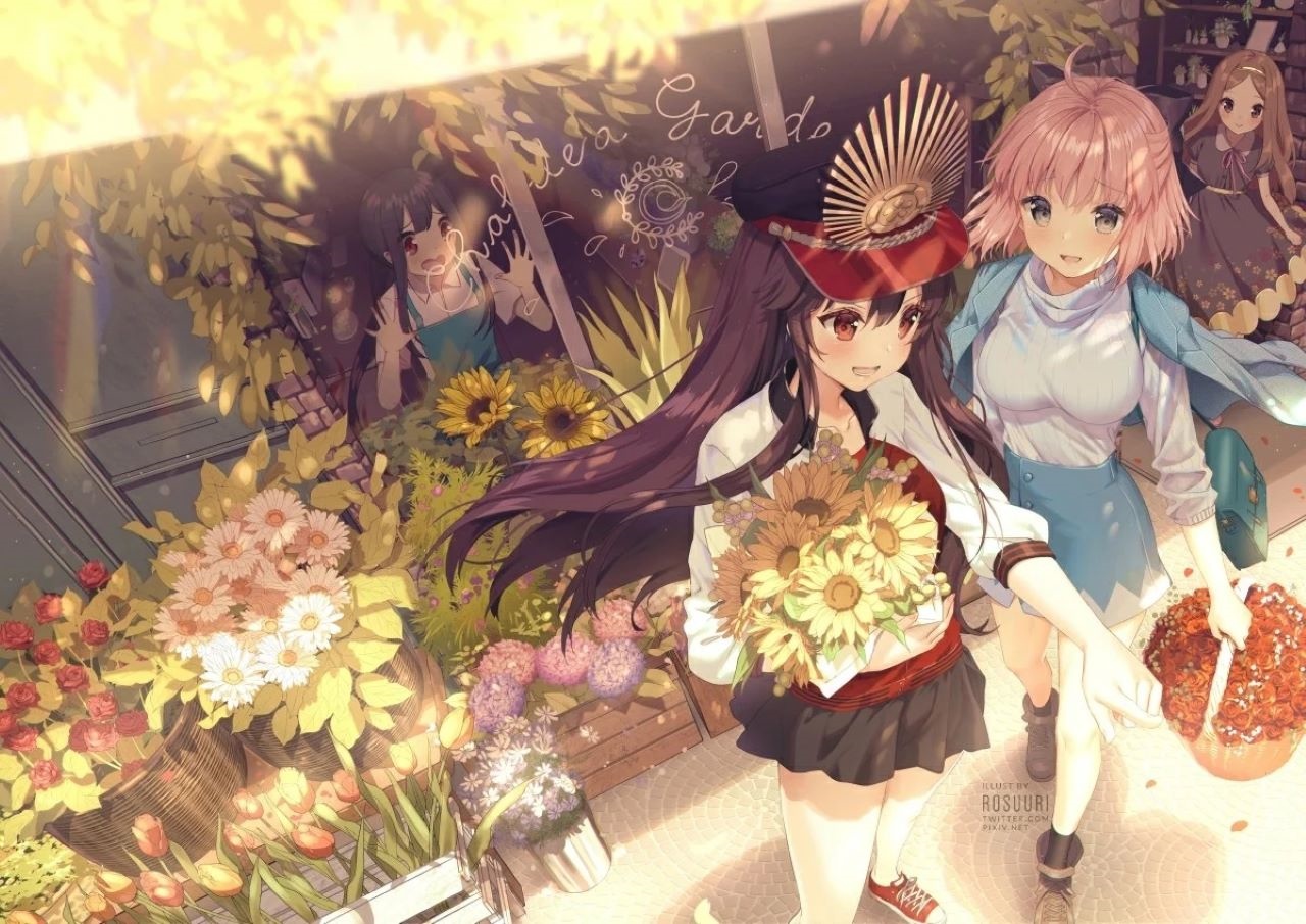 Anime girls in a flower shop with sunflowers HD Wallpaper