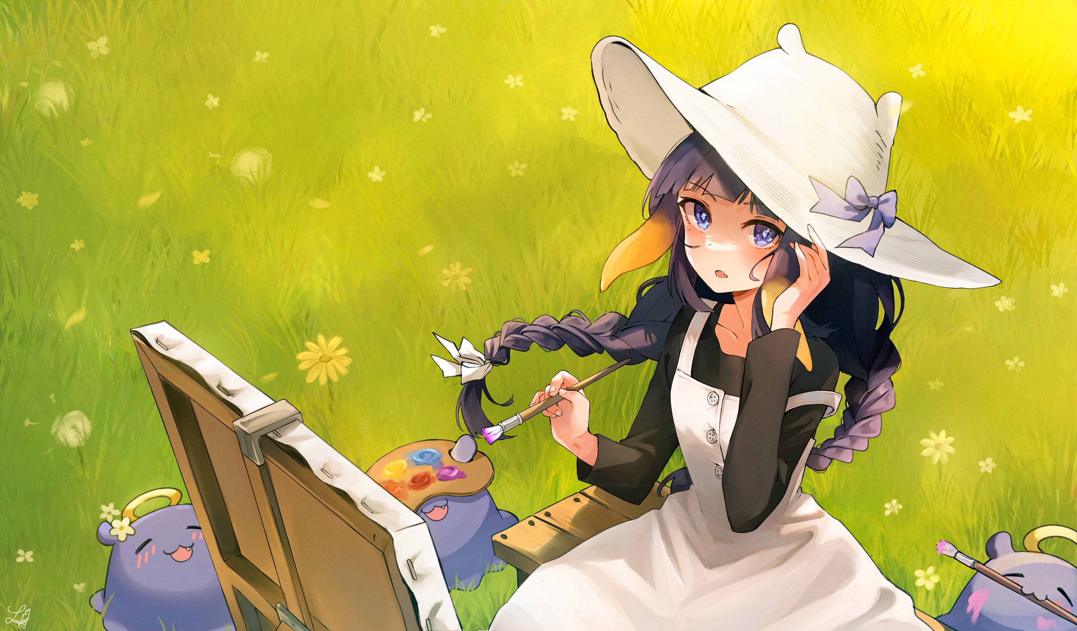 Ninomae Inanis painting in a grassy field with Takodachi HD Wallpaper