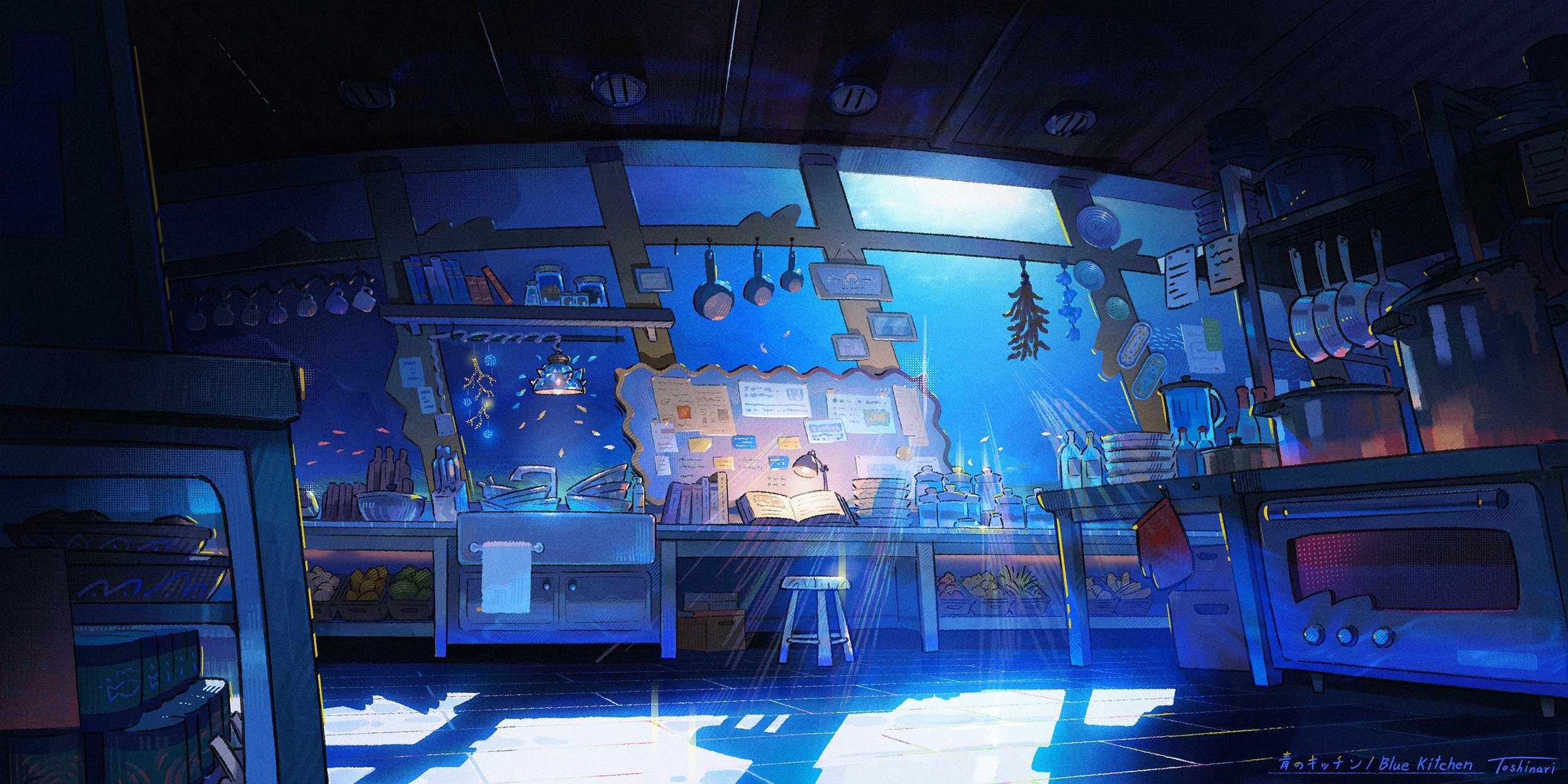 Underwater Kitchen with Sunlight and Pots HD Wallpaper