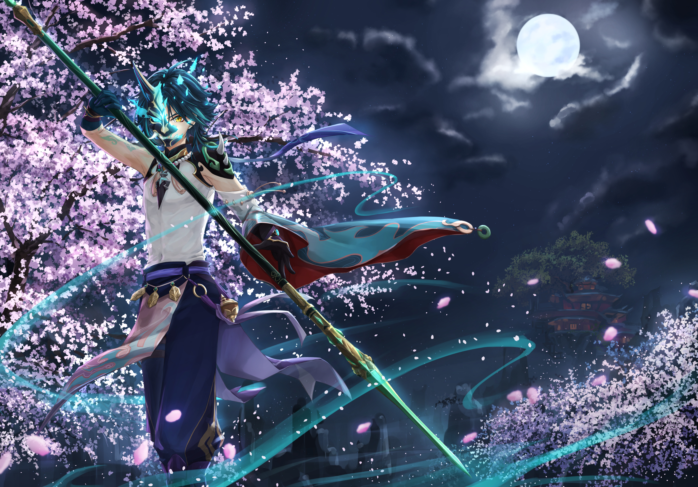 Xiao from Genshin Impact with a spear under cherry blossoms HD Wallpaper