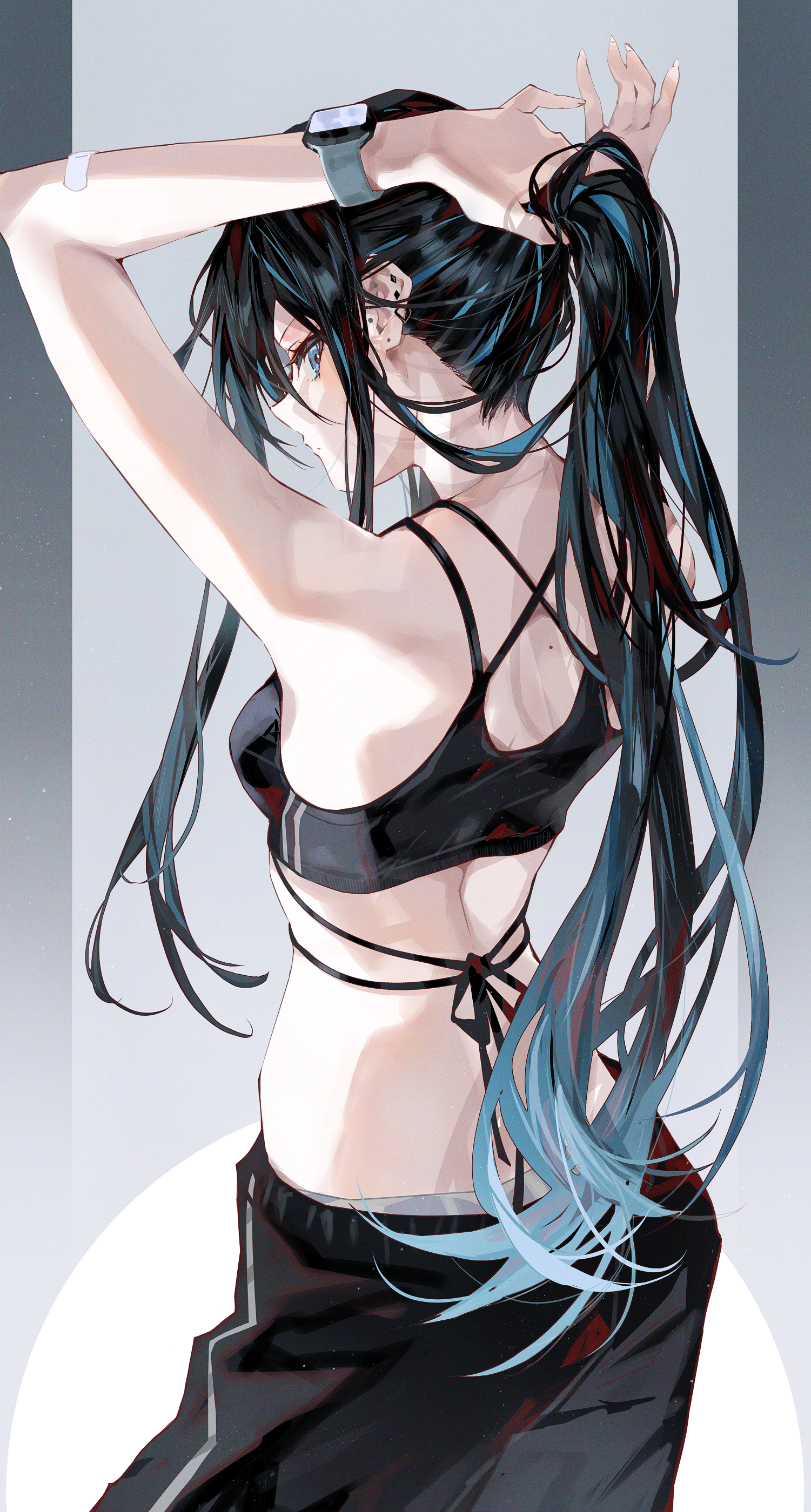 Anime girl with blue eyes and ponytail looking back HD Phone Wallpaper