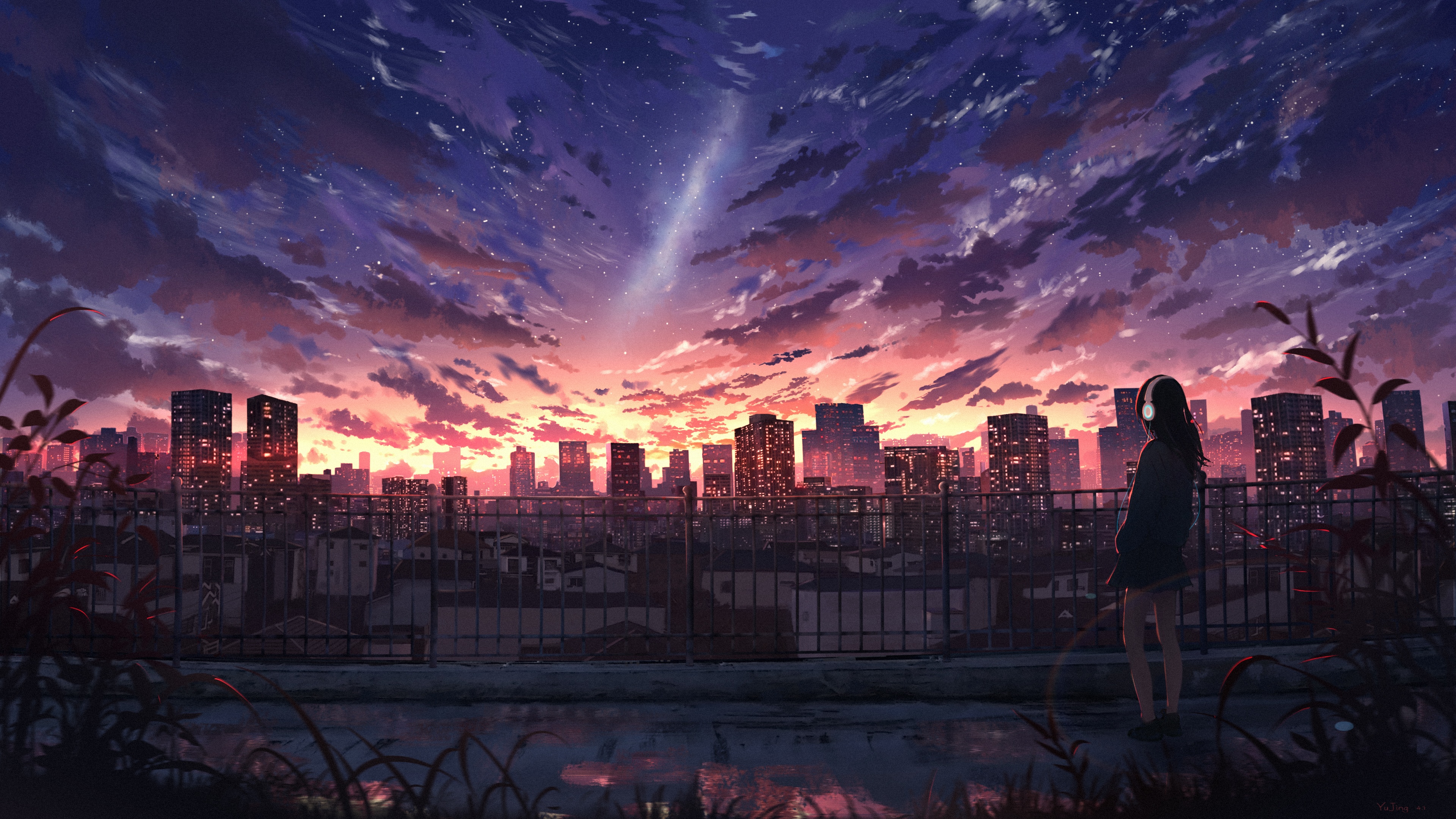 4K Anime Cityscape at Sunset with Stars HD Wallpaper