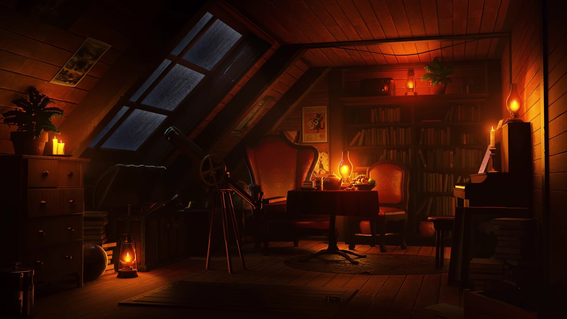 Cozy attic room with piano and telescope HD Wallpaper