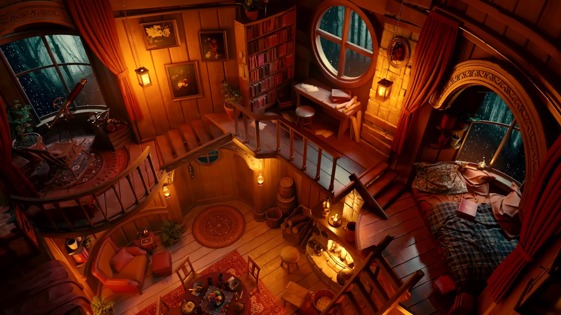 Cozy attic interior with books, telescope, and bed HD Wallpaper