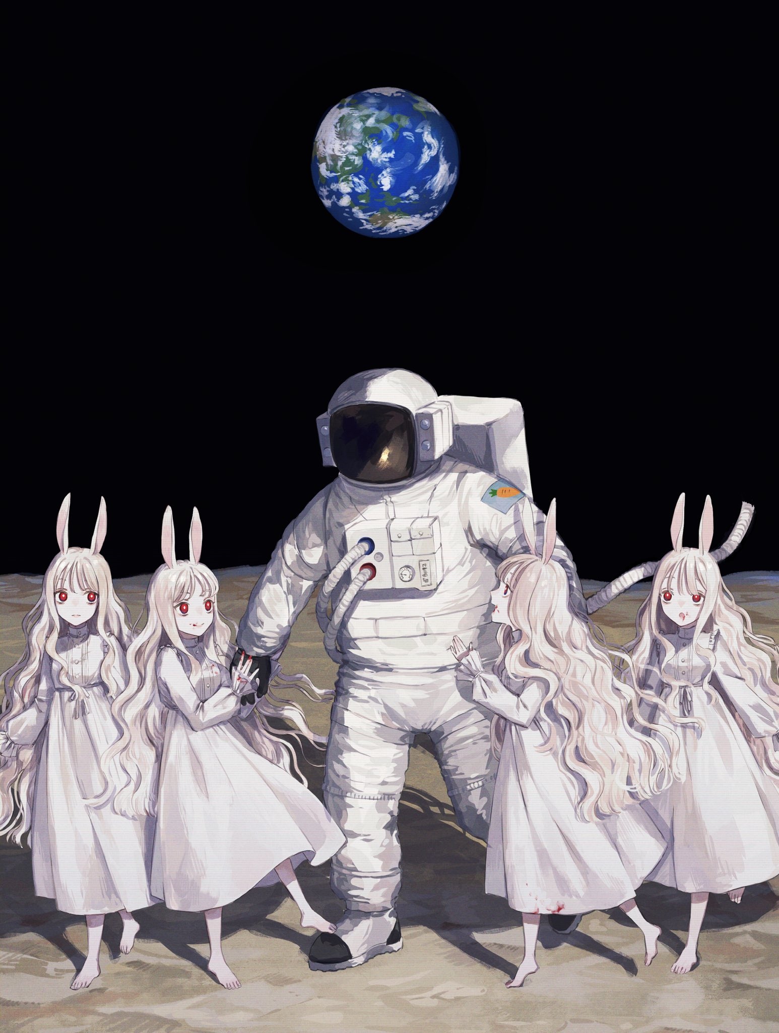 Astronaut with bunny girls on the Moon with Earth in the background HD Phone Wallpaper