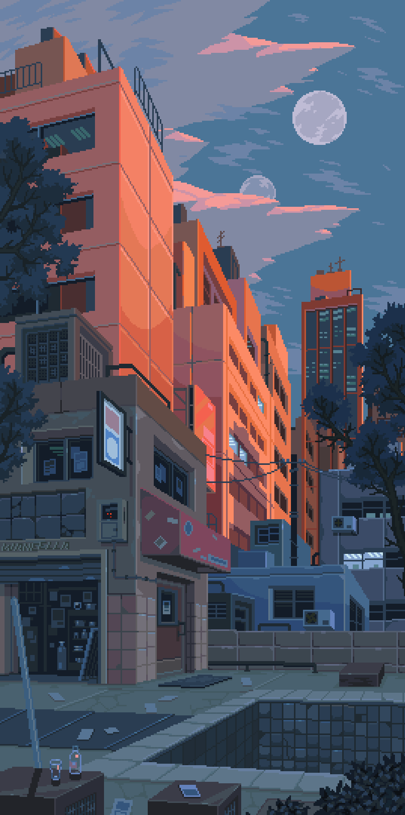 Pixel art city scene with buildings and moons HD Phone Wallpaper