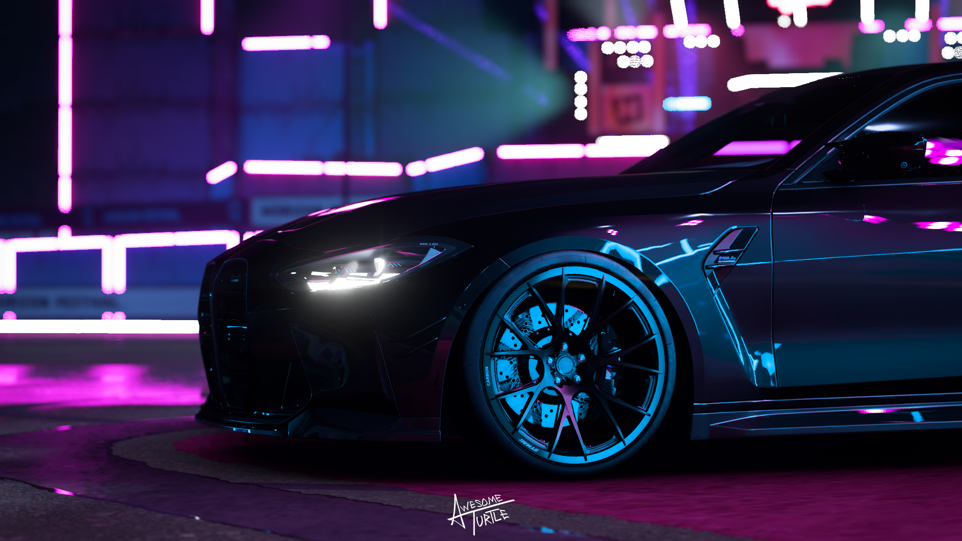 BMW M4 G82 in neon-lit city at night HD Wallpaper
