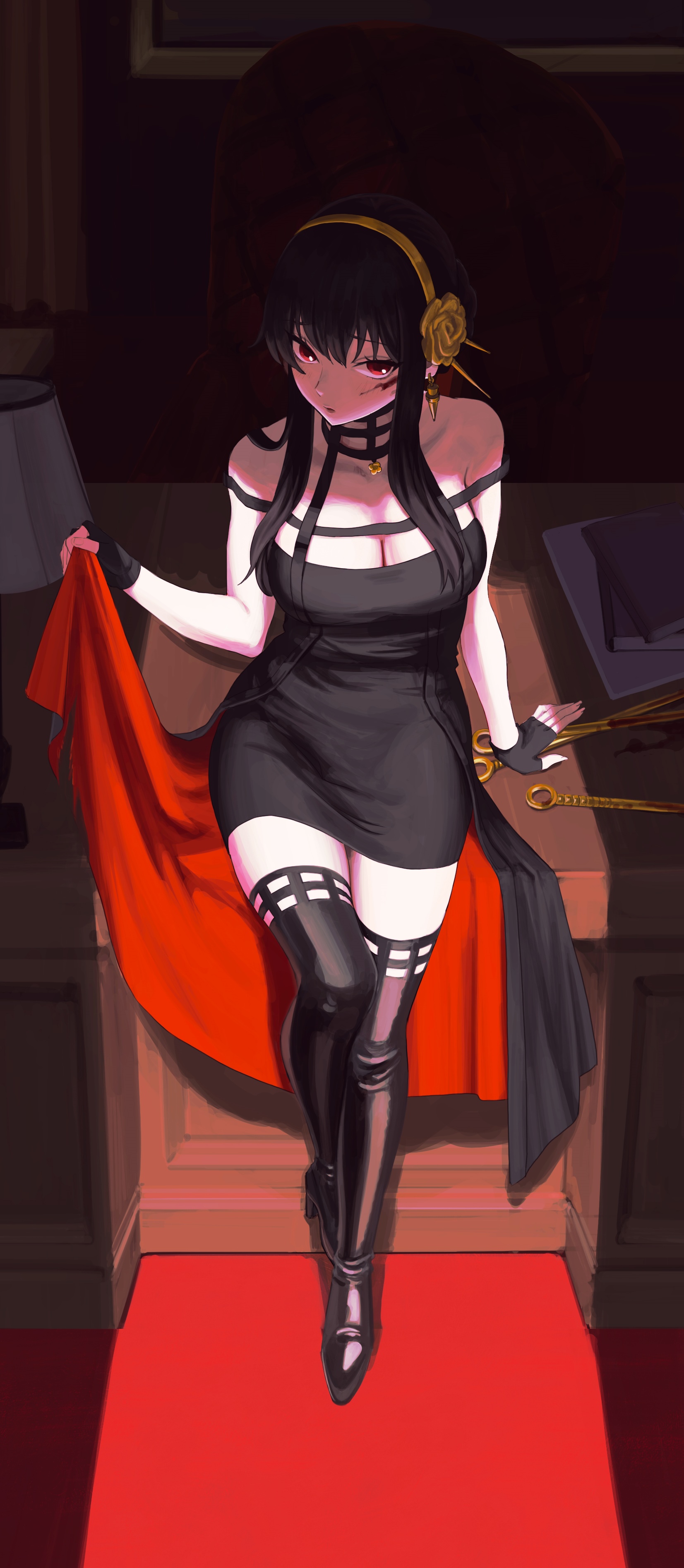 Yor Forger in a black dress with a red cape HD Phone Wallpaper