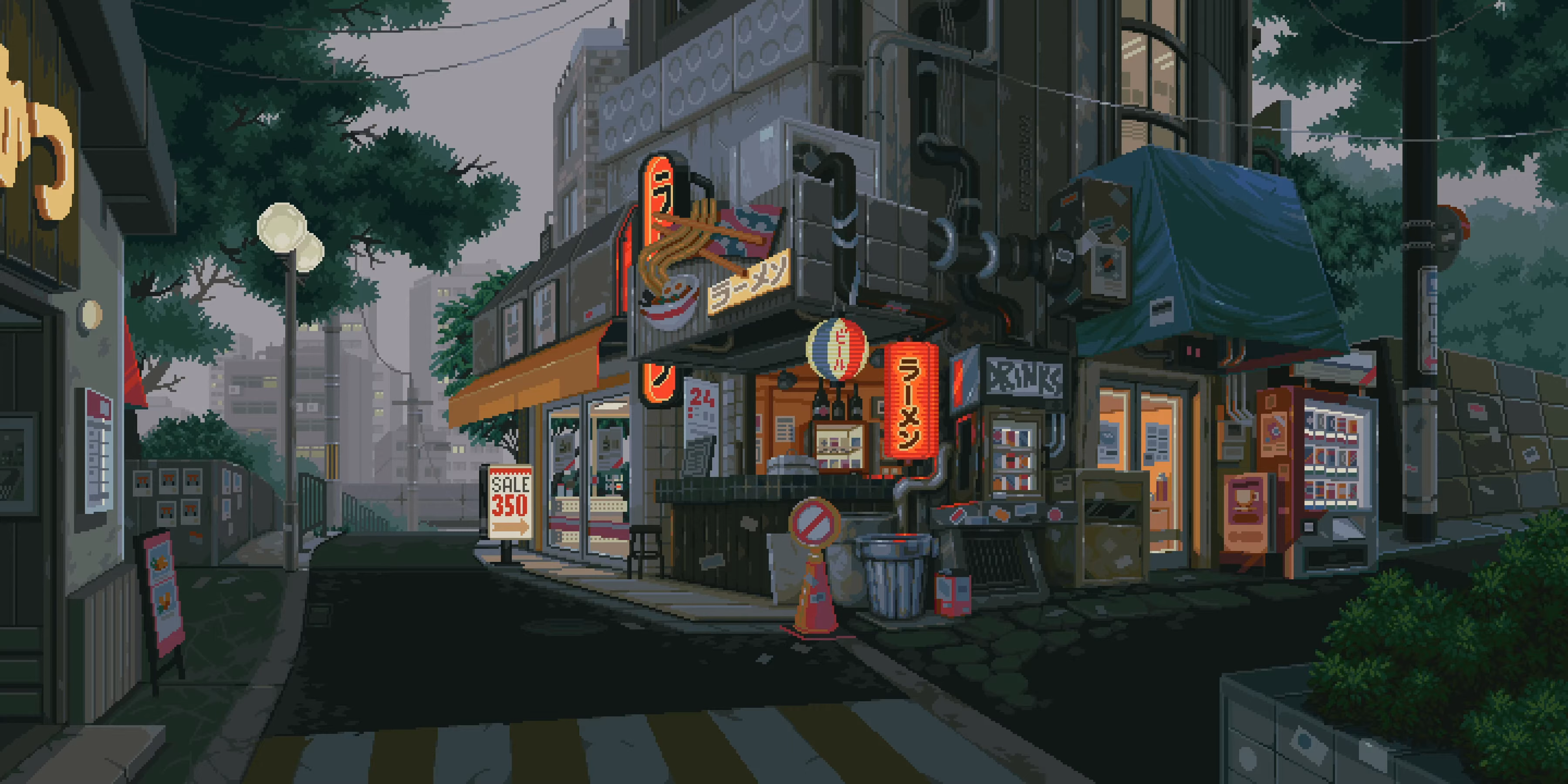 Pixel art Japanese street with ramen shop and vending machines HD Wallpaper