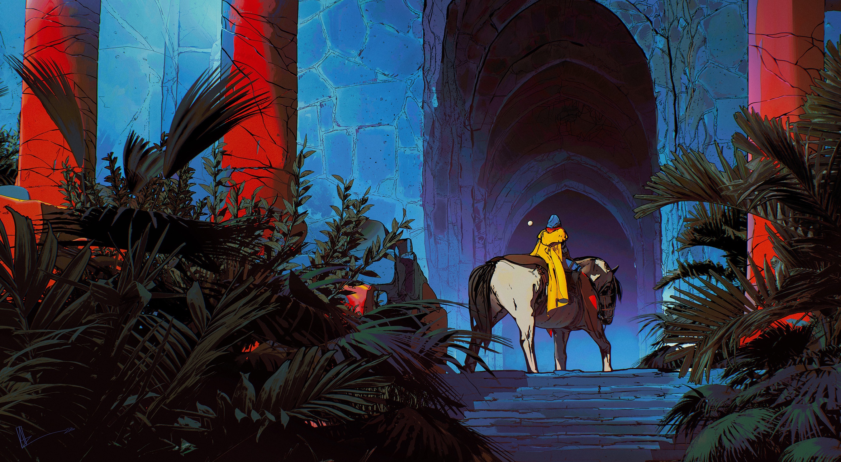 A person in a yellow cloak rides a horse through an ancient stone structure. HD Wallpaper
