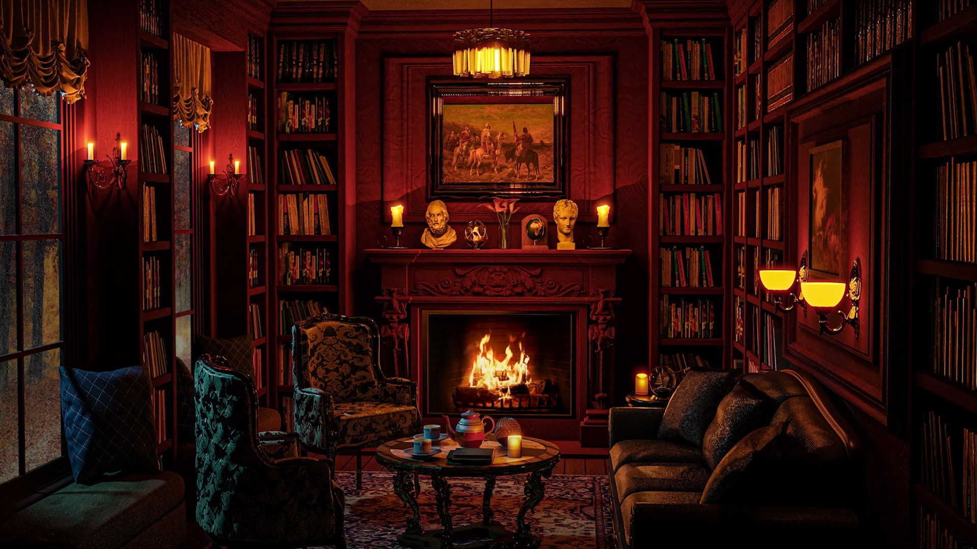 Classical library interior with fireplace and books HD Wallpaper