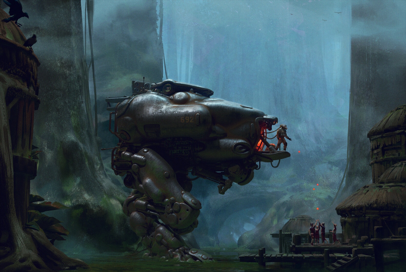 Soldier in a mech in a misty forest village HD Wallpaper