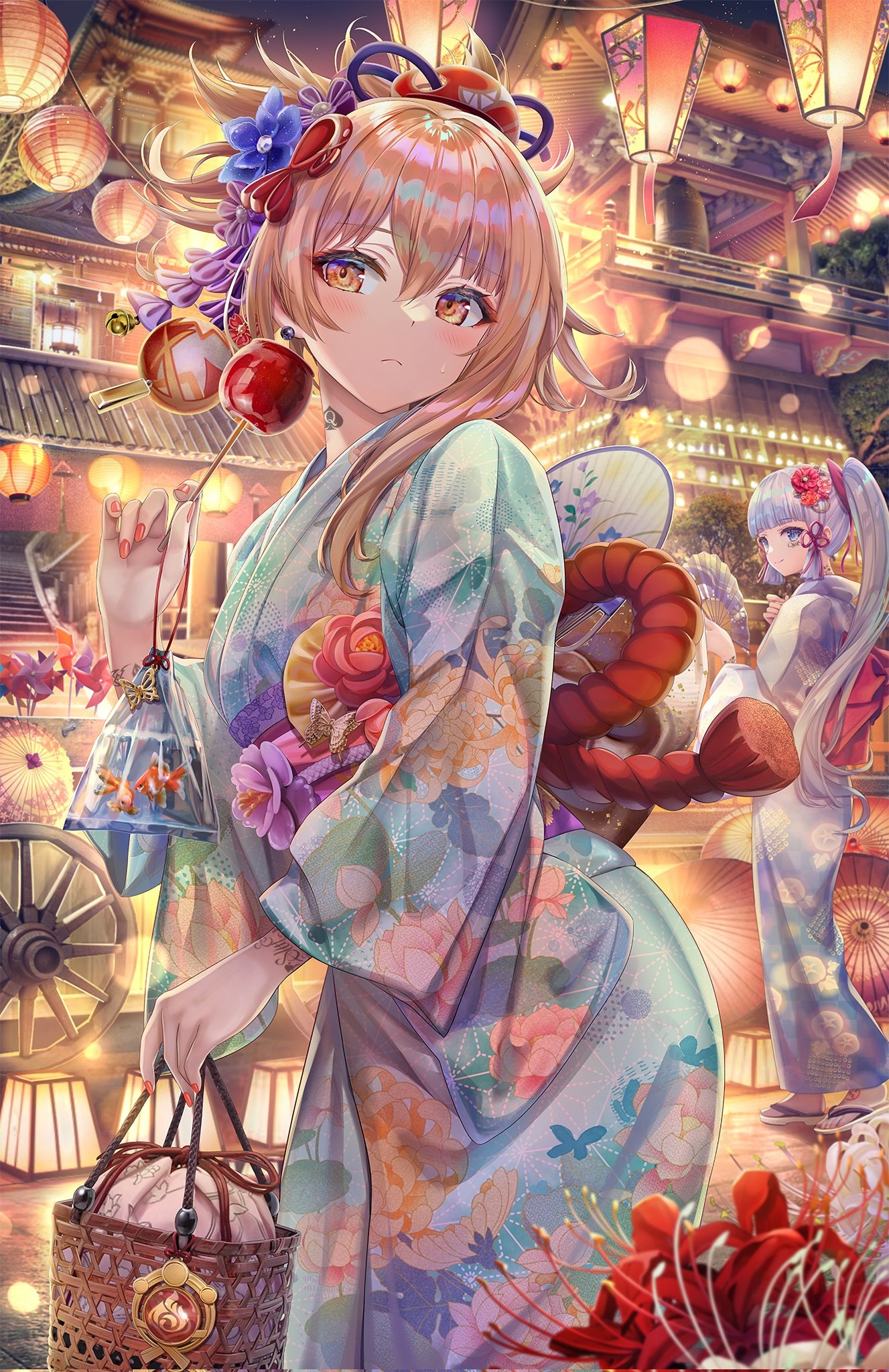 Yoimiya and Kamisato Ayaka at a Lantern Festival HD Phone Wallpaper