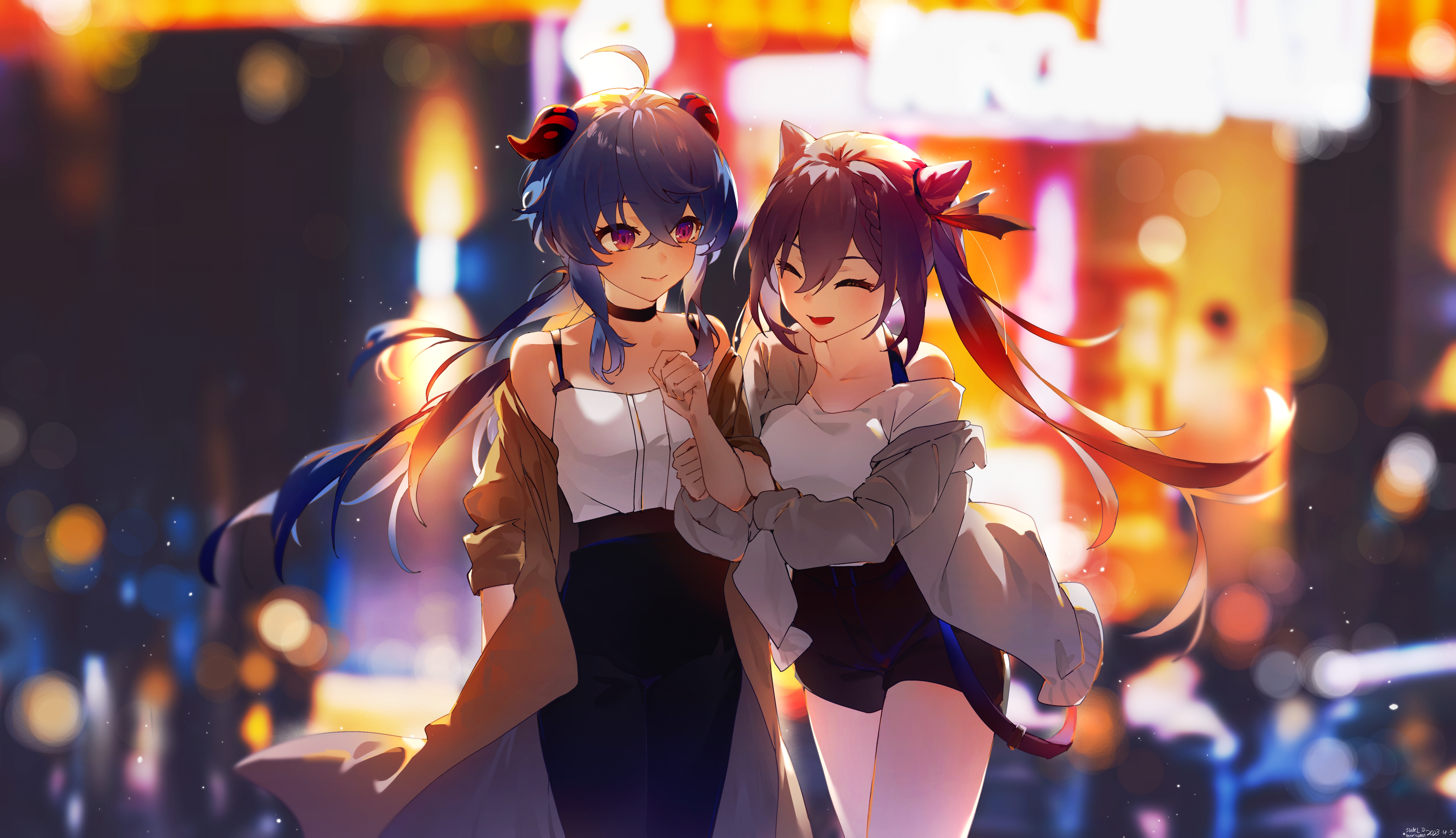 Ganyu and Keqing walking at night HD Wallpaper