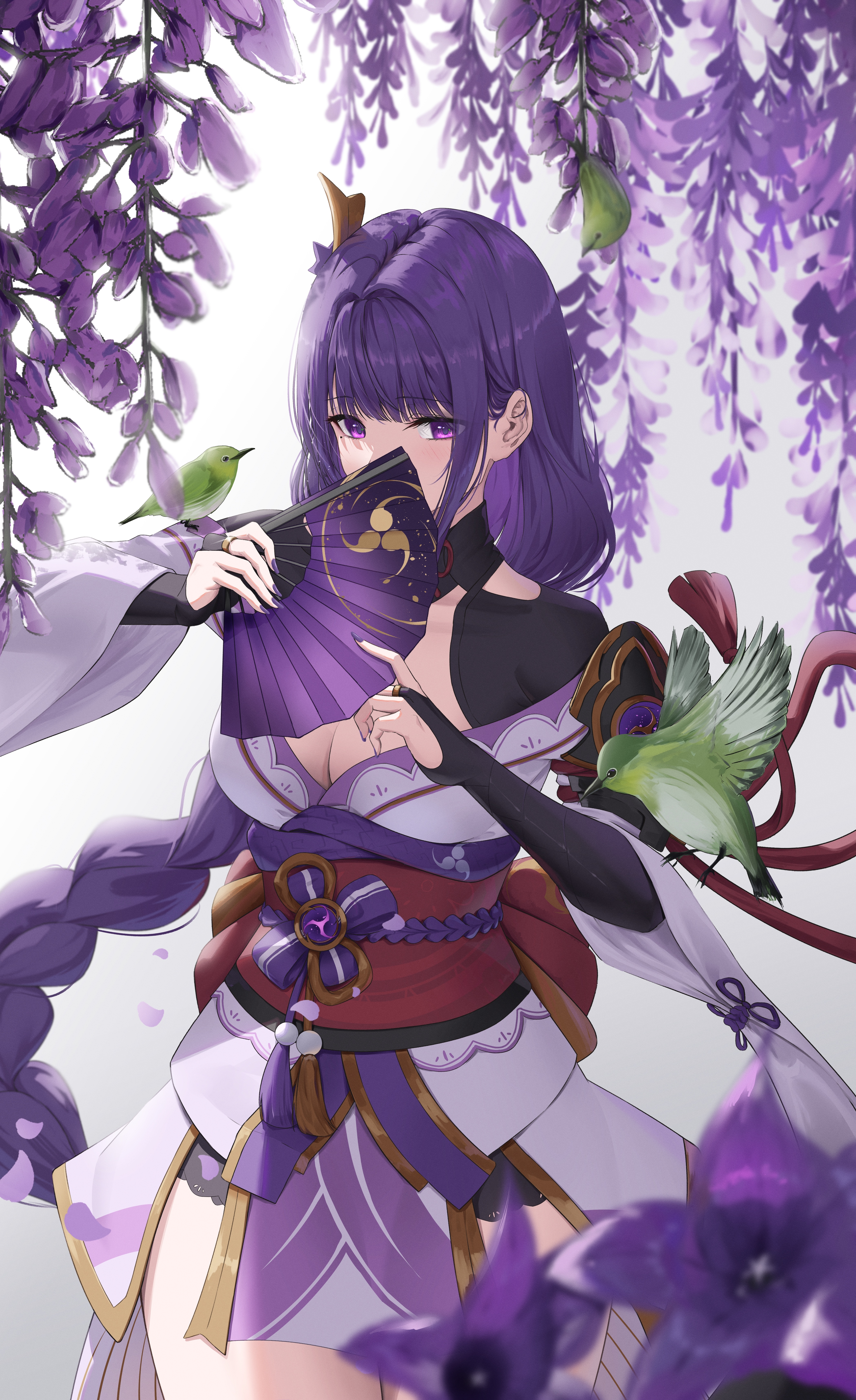 Raiden Shogun with Birds and Wisteria HD Phone Wallpaper