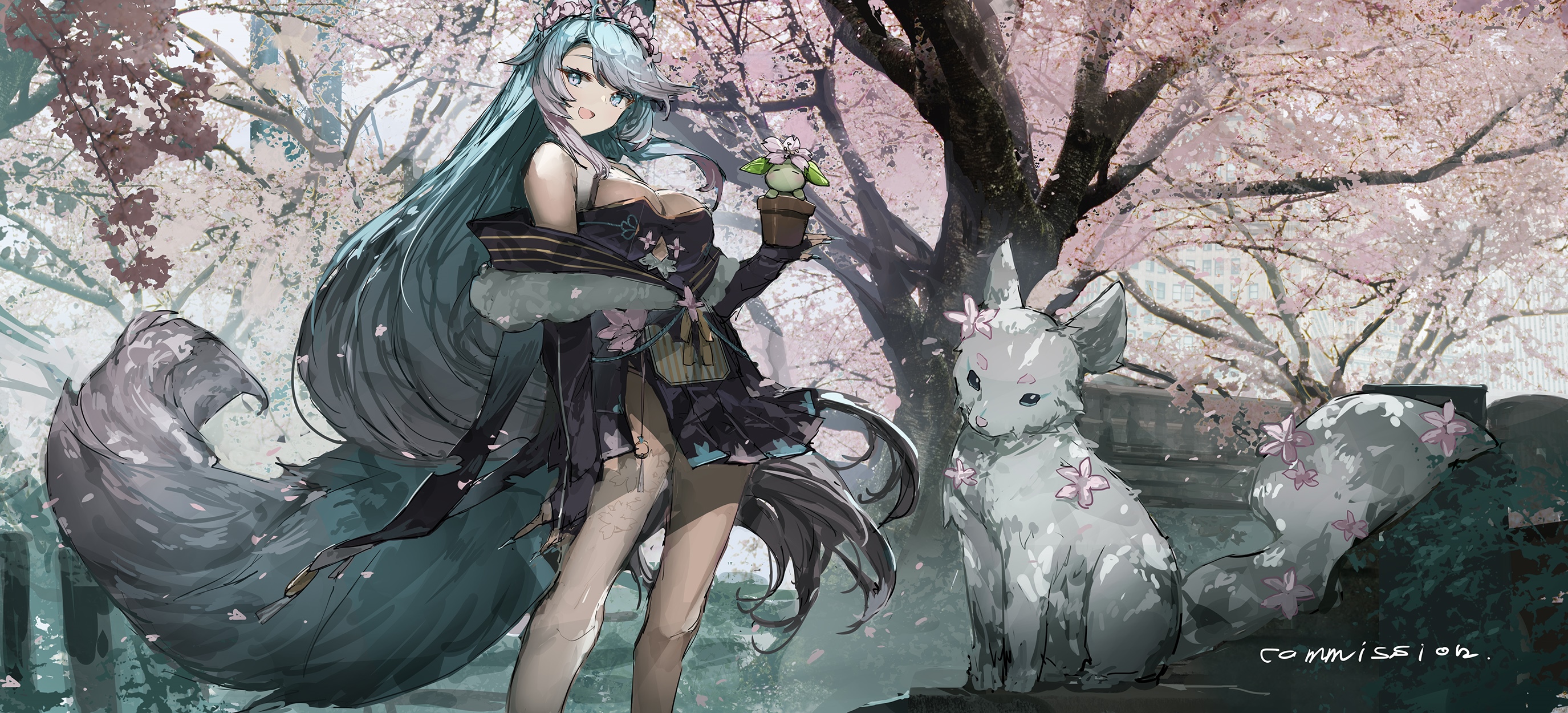 Silvervale and fox companion under cherry trees HD Wallpaper