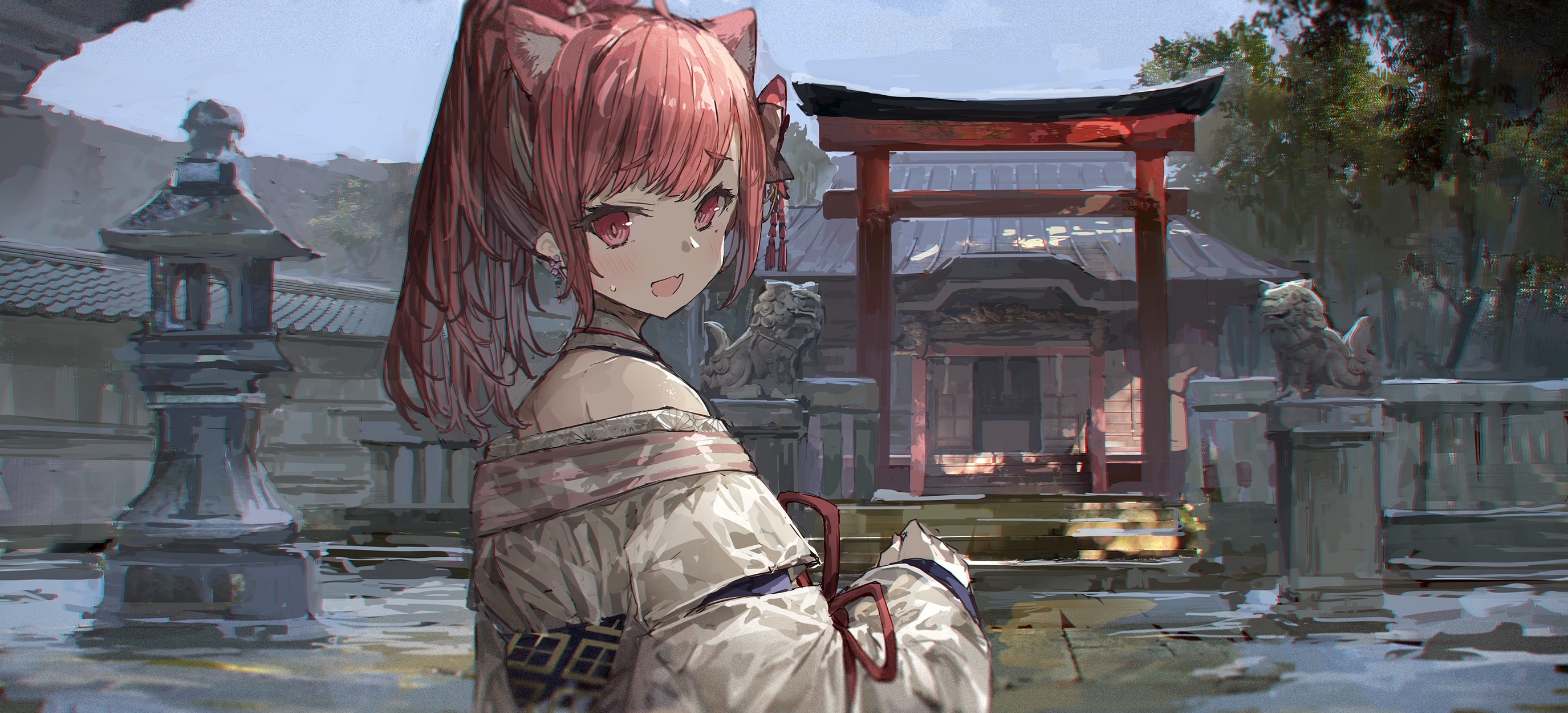 Cat girl in front of a Japanese shrine with torii gate HD Wallpaper