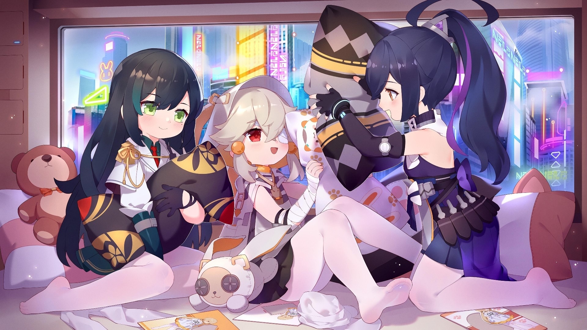 Three anime girls in a room with a city view HD Wallpaper