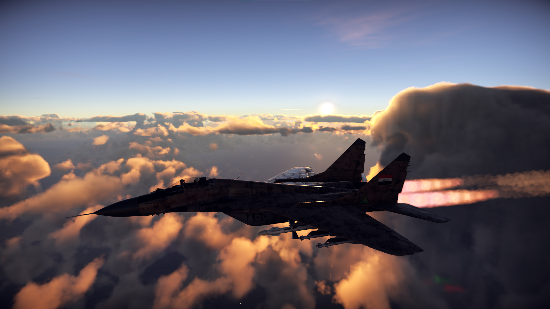 Mikoyan MiG-29 jet fighter flying through clouds at sunset HD Wallpaper