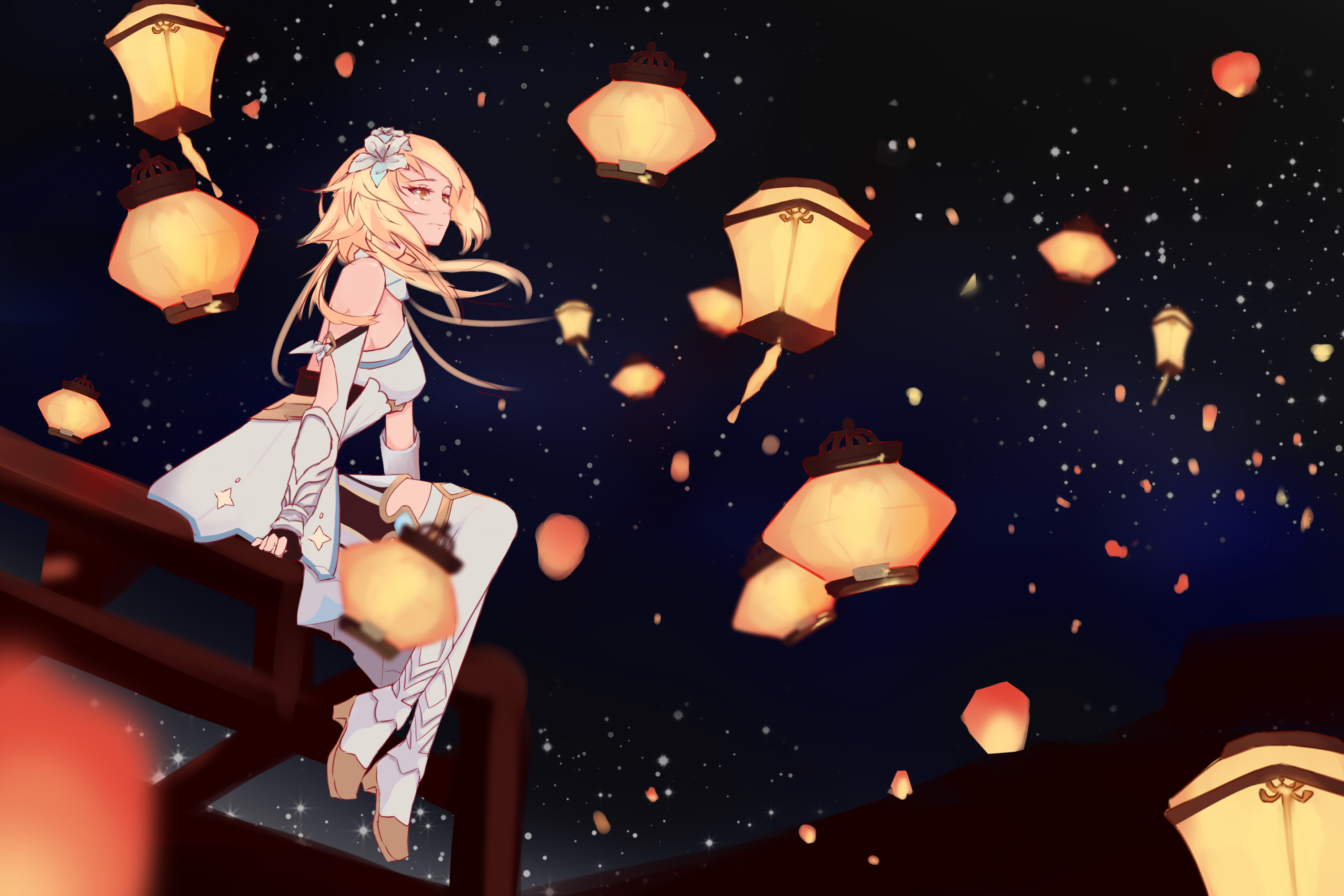 Lumine sitting on a railing with lanterns in the night sky HD Wallpaper