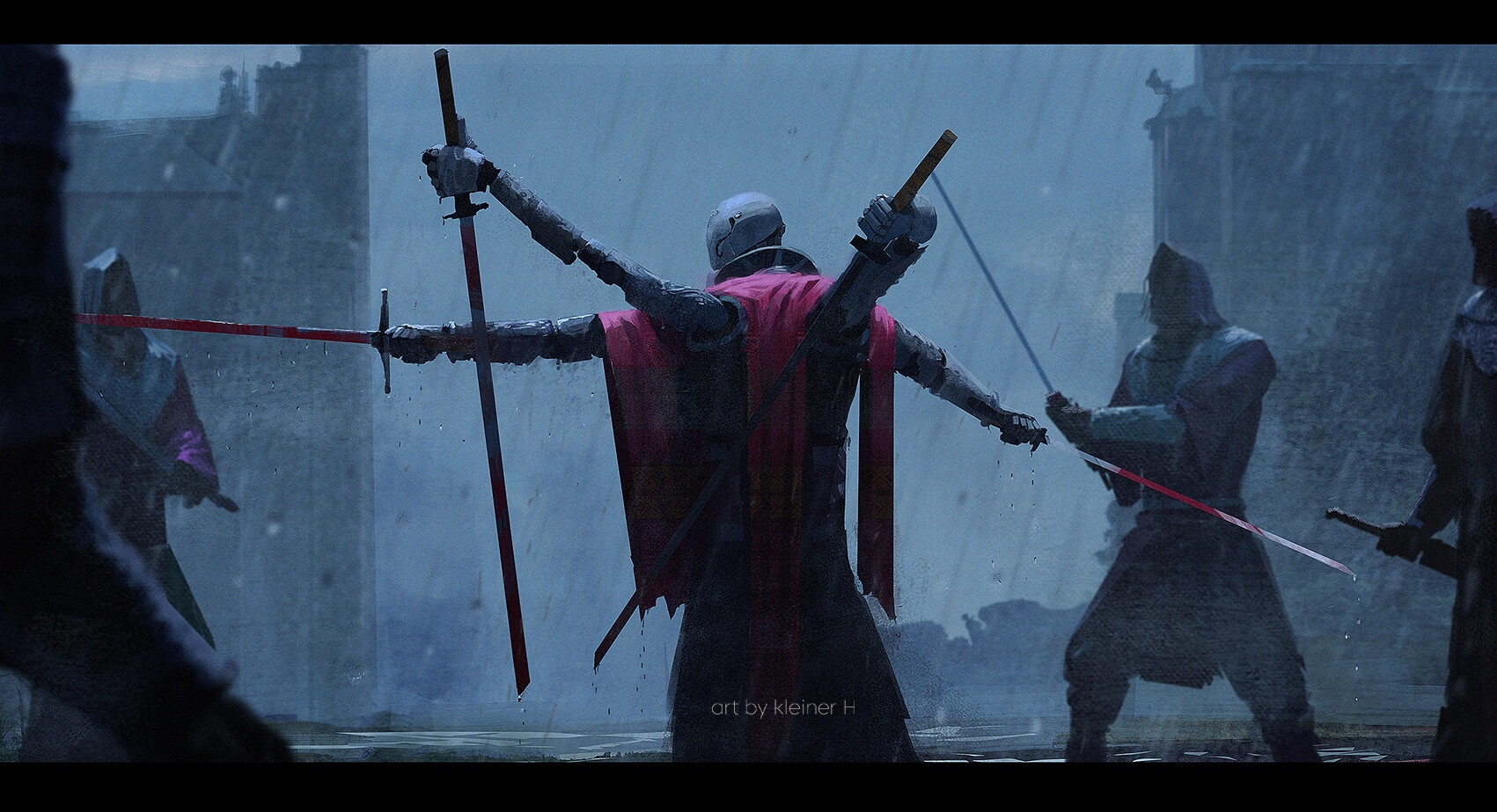 Knights fighting in the rain with swords HD Wallpaper
