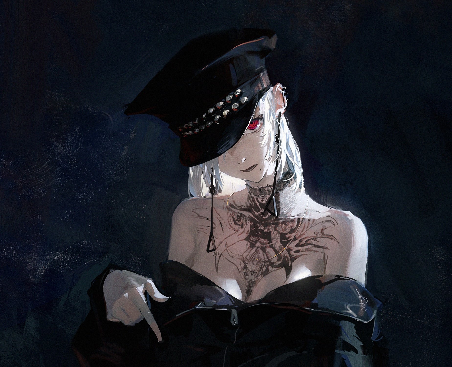 Anime girl with red eyes and tattoos wearing a hat HD Wallpaper