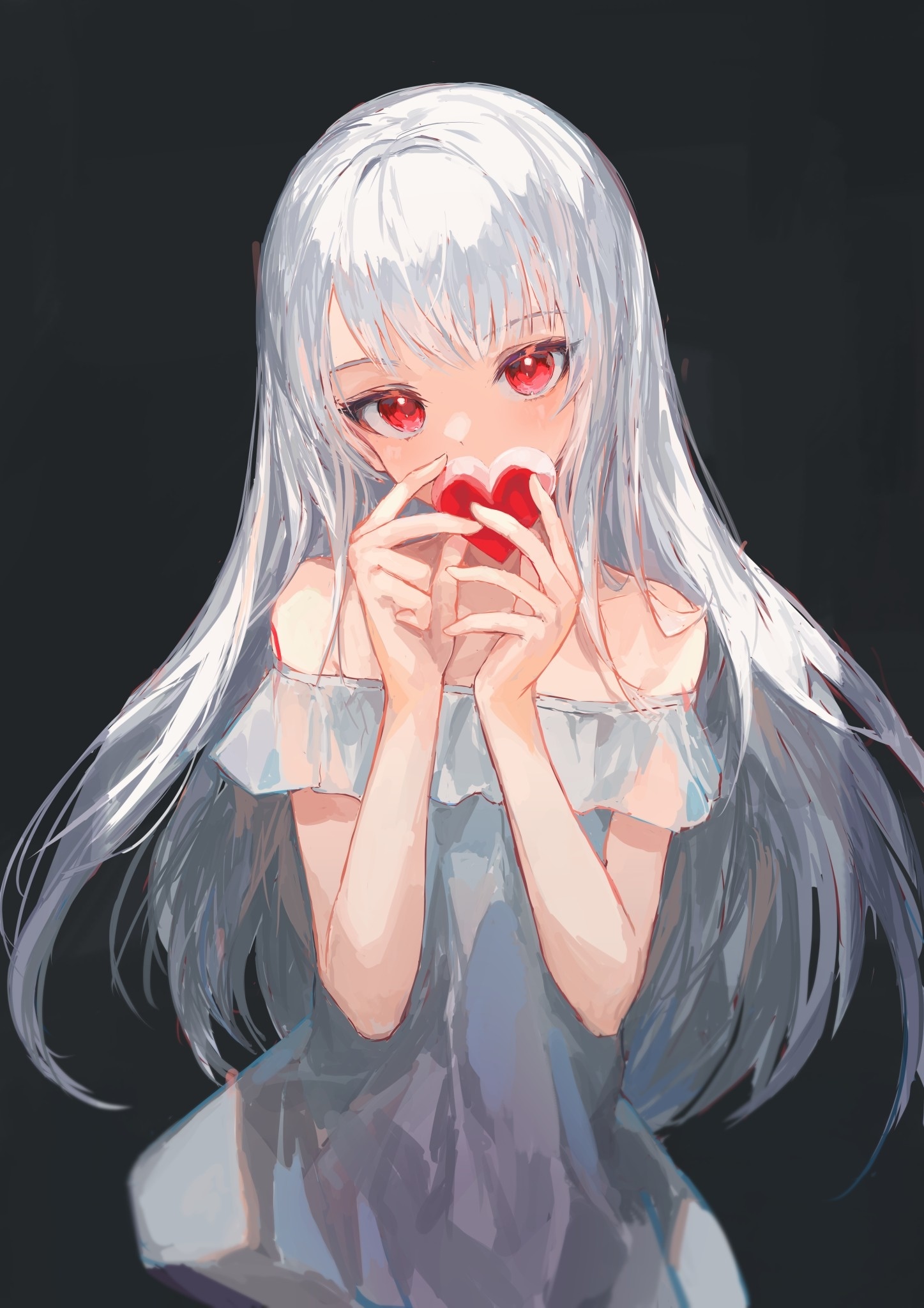 Girl with white hair holding a red heart HD Phone Wallpaper
