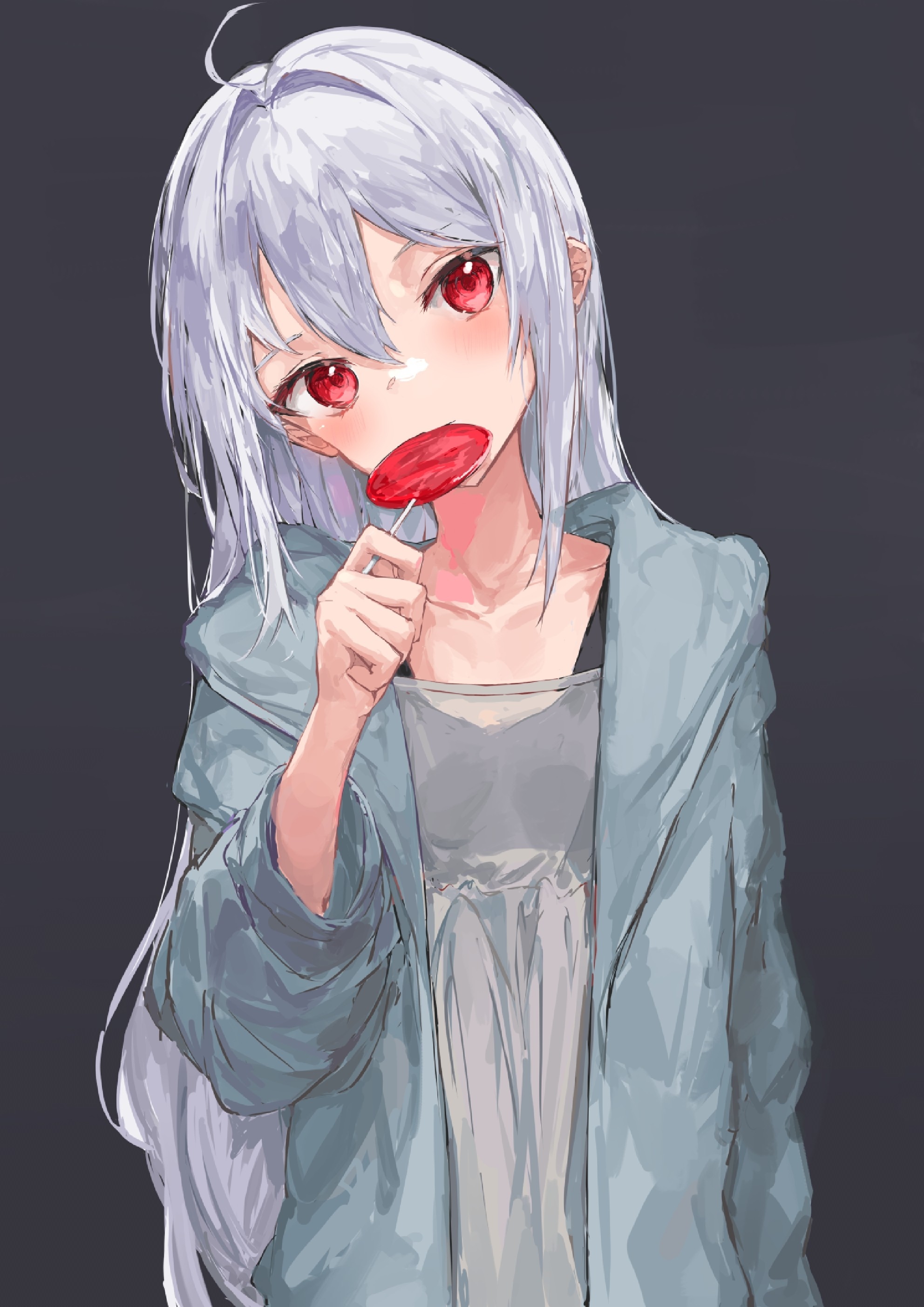 Anime girl with white hair eating a lollipop HD Phone Wallpaper