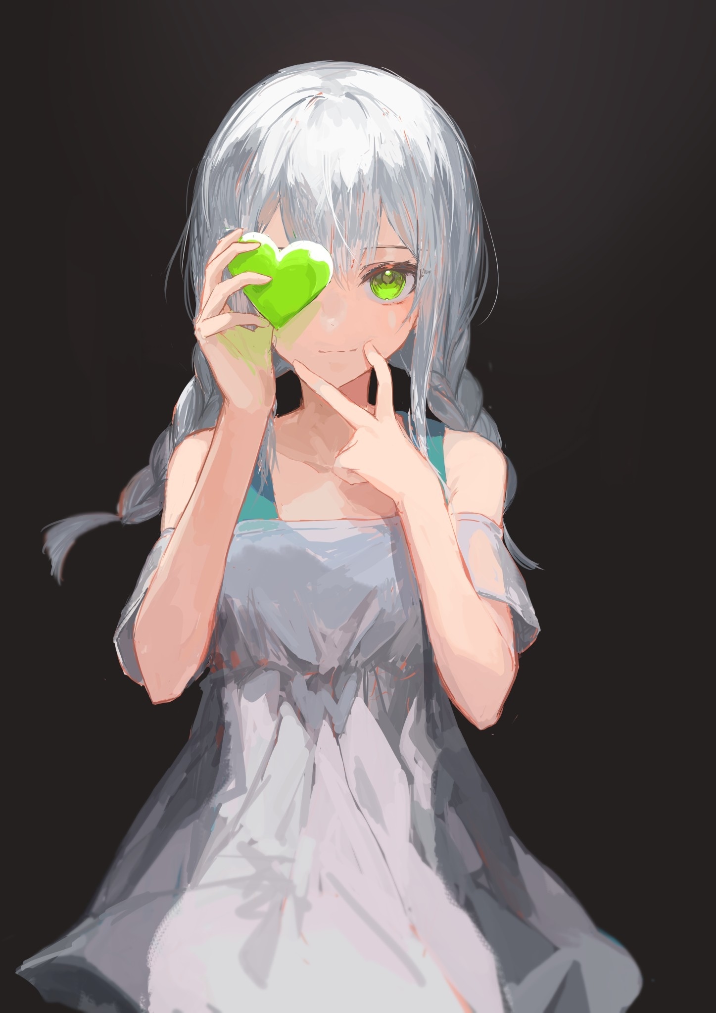 Anime girl with white braids holding a green heart HD Phone Wallpaper