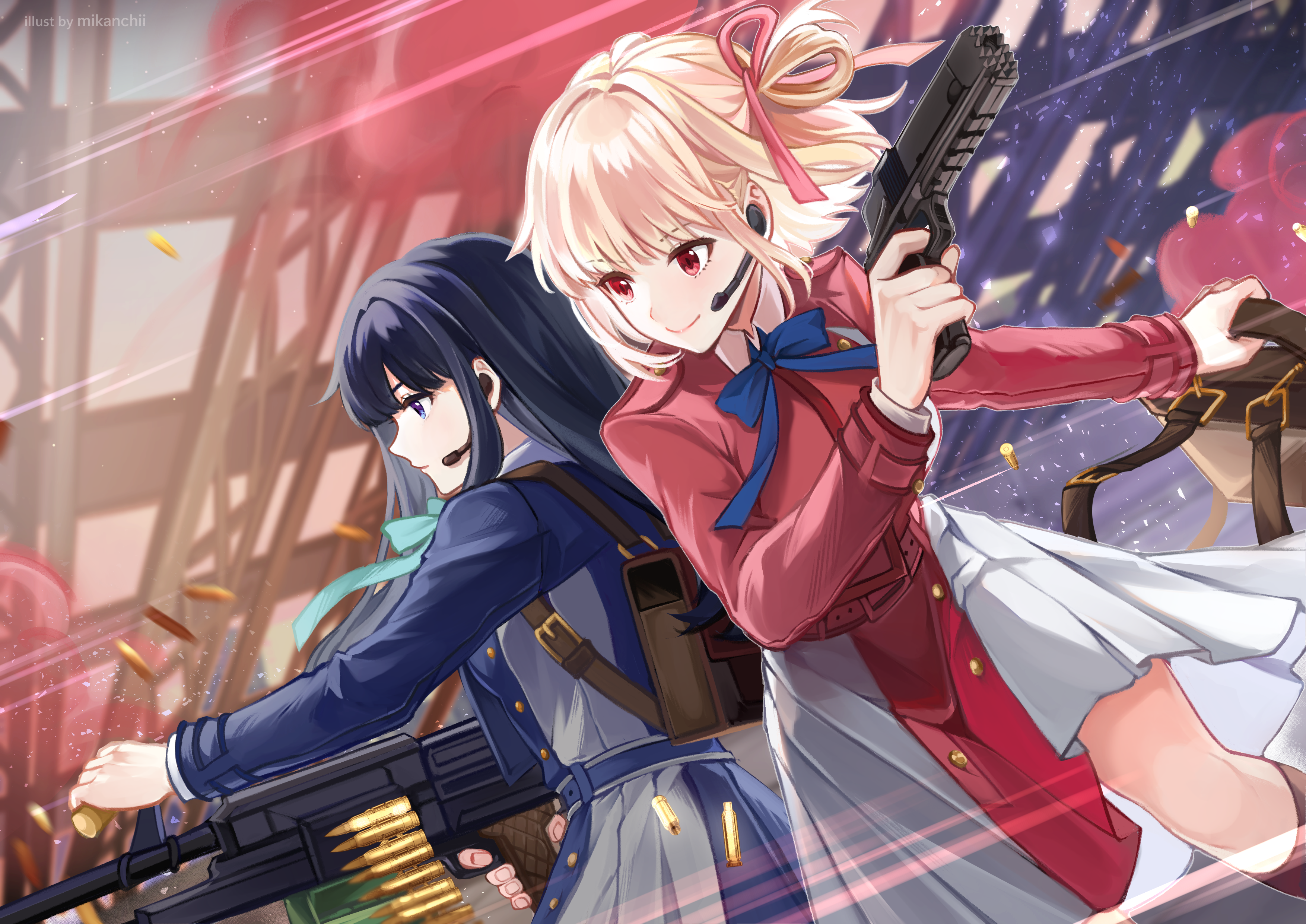 Lycoris Recoil fan art of Chisato and Takina with guns HD Wallpaper