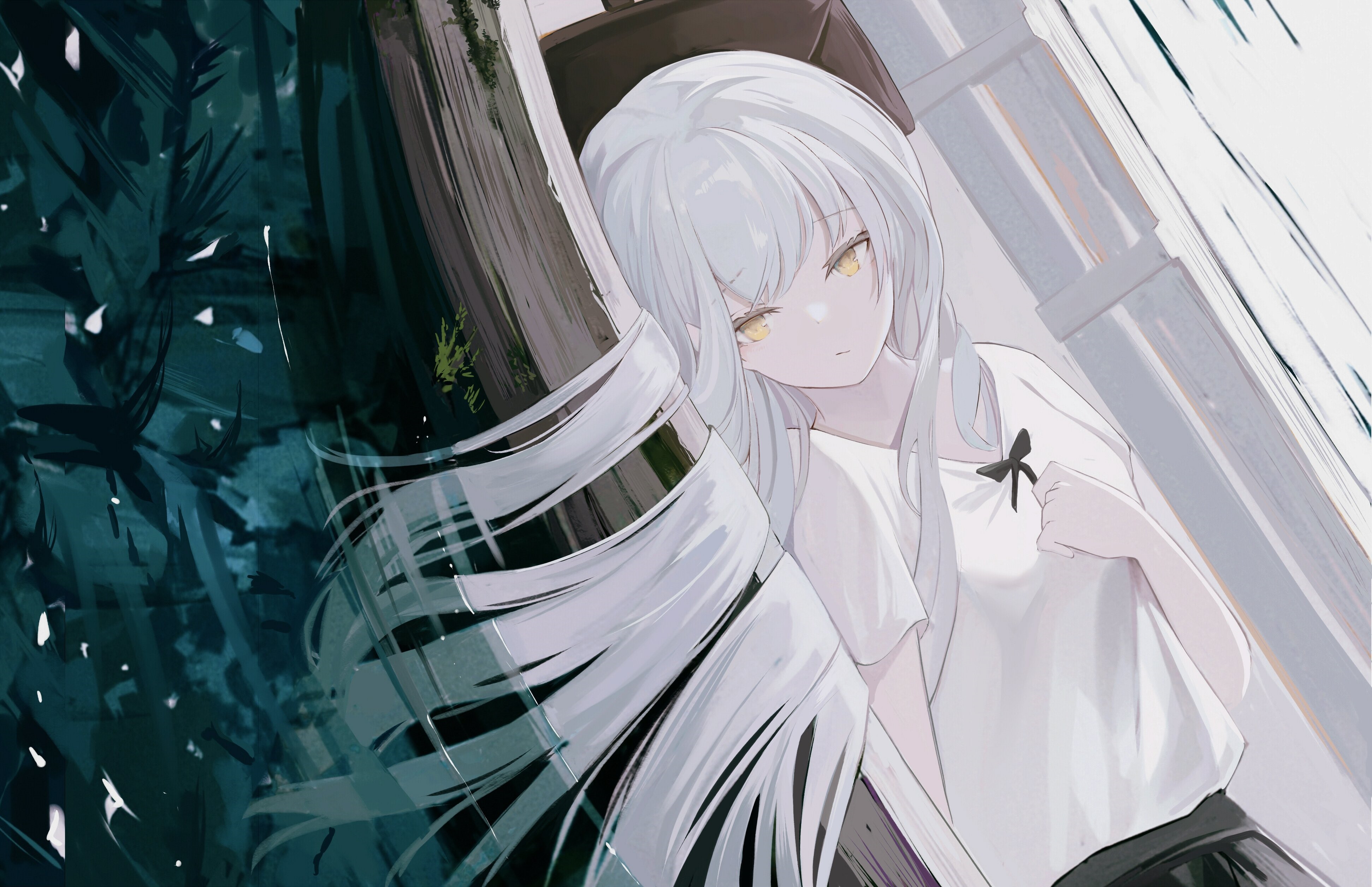 4K anime girl with white hair by a lake HD Wallpaper